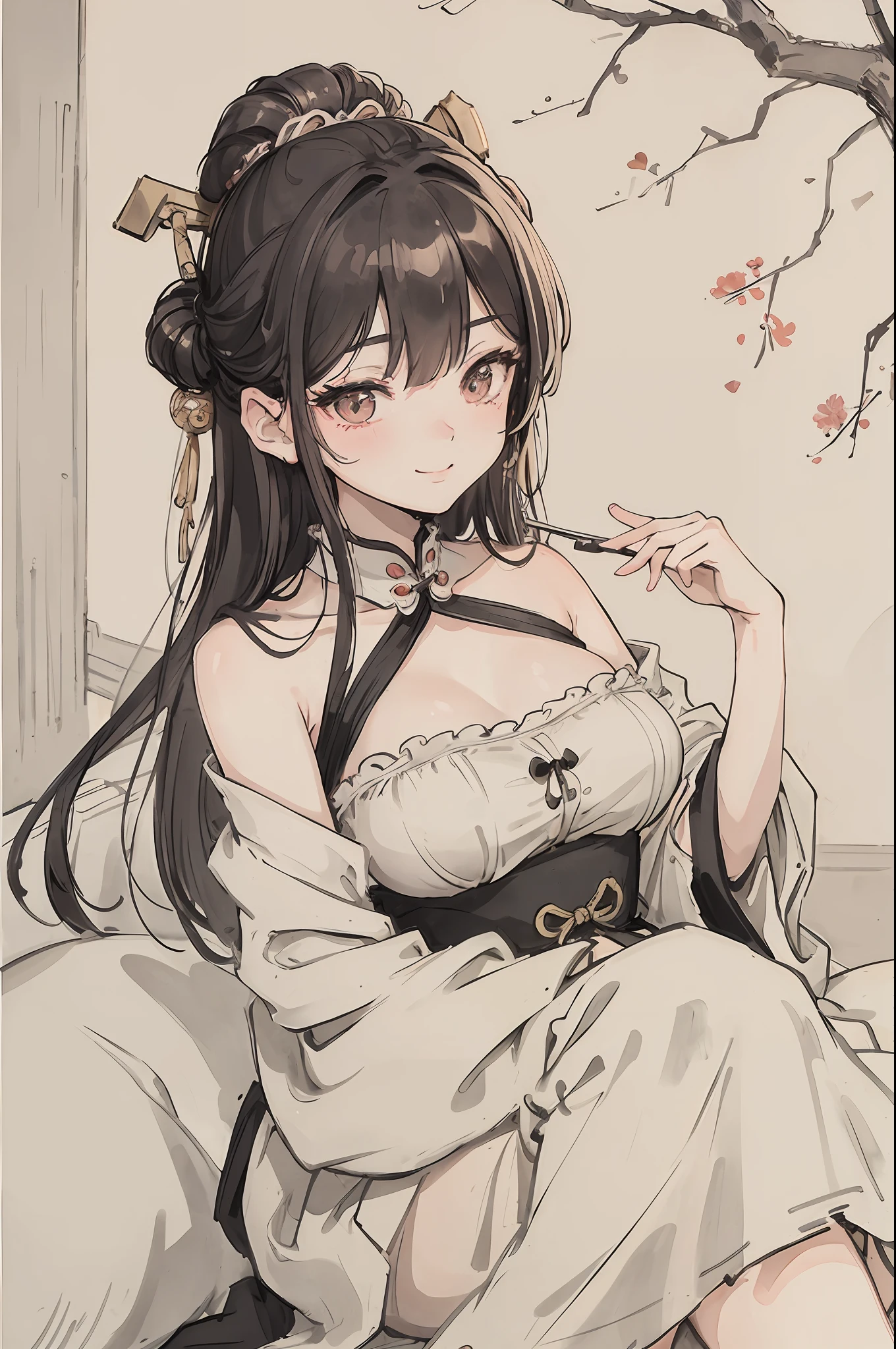 (masterpiece, best quality: 1.2), traditional Chinese ink painting, A cute 22 year old female with big breasts, Oversized dress :1.2, Couch, Ultra-detailed face, Detailed eyes, Double eyelid, sfw , long dress, Coy Smile, Exotic Facial Expressions