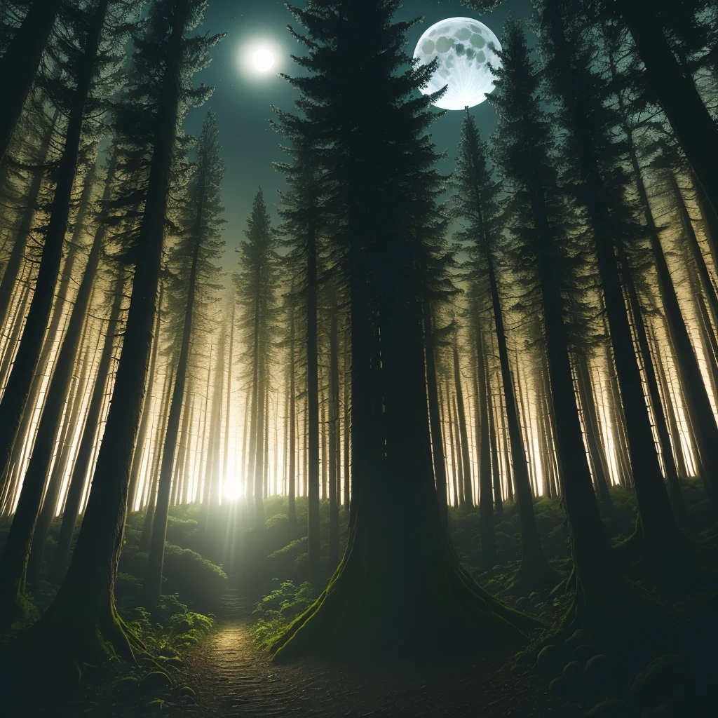 deep forest, full moon, low light