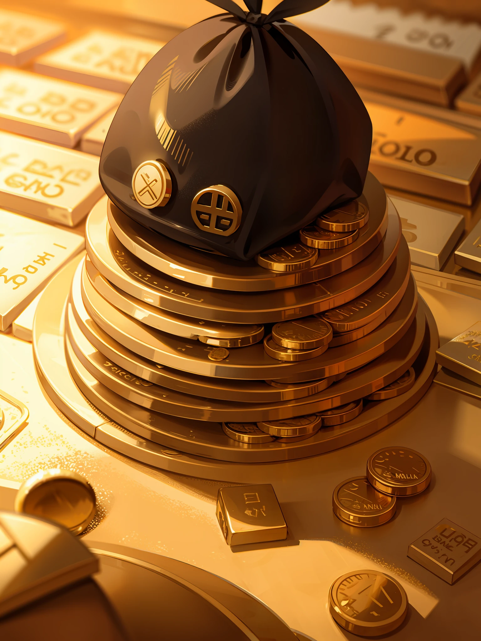 Pile of gold bars, gold coins and some cash bills around a fortune cat