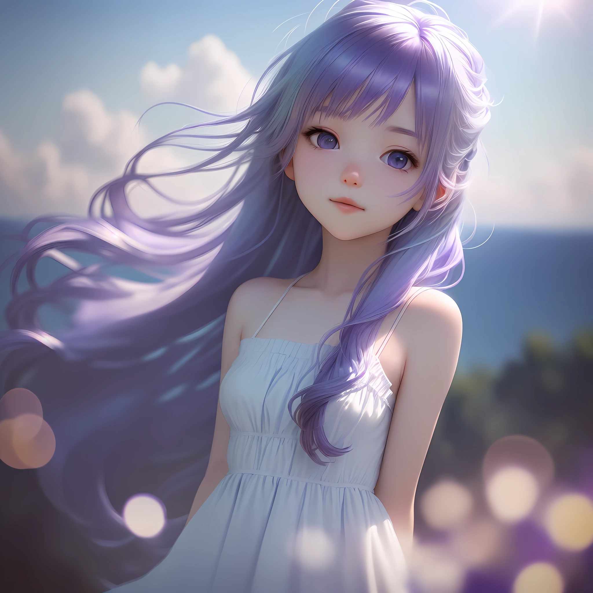 (High overlook, lens diving, light and shadow rendering) :( empty, sky blue, clouds, sunlight)

[(cup, pattern girl) :: 1.2],
 
(Delicate, slender, clear) :(1 girl, purple hair, sunlight, bokeh) 

Thank you for using it and happy use!