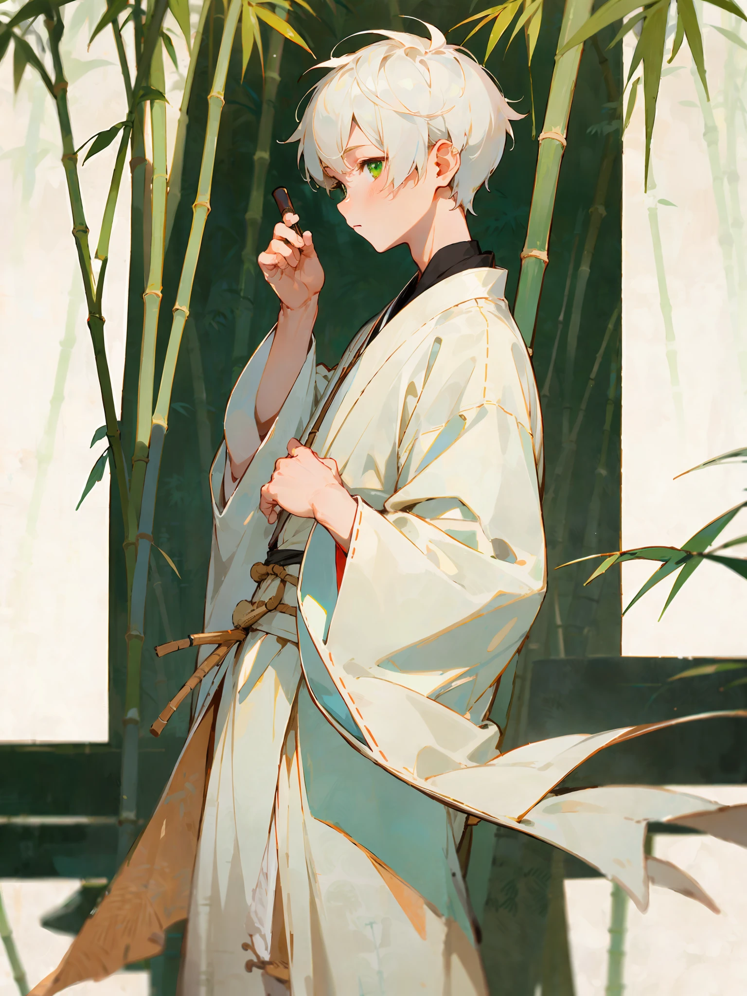 130mm f1.4 lens, white short hair boy, green round neck robe, a swallow on the clothes, cute, antique Hanfu, partial overlook full side face, green eyes, bamboo background, white background, ink style