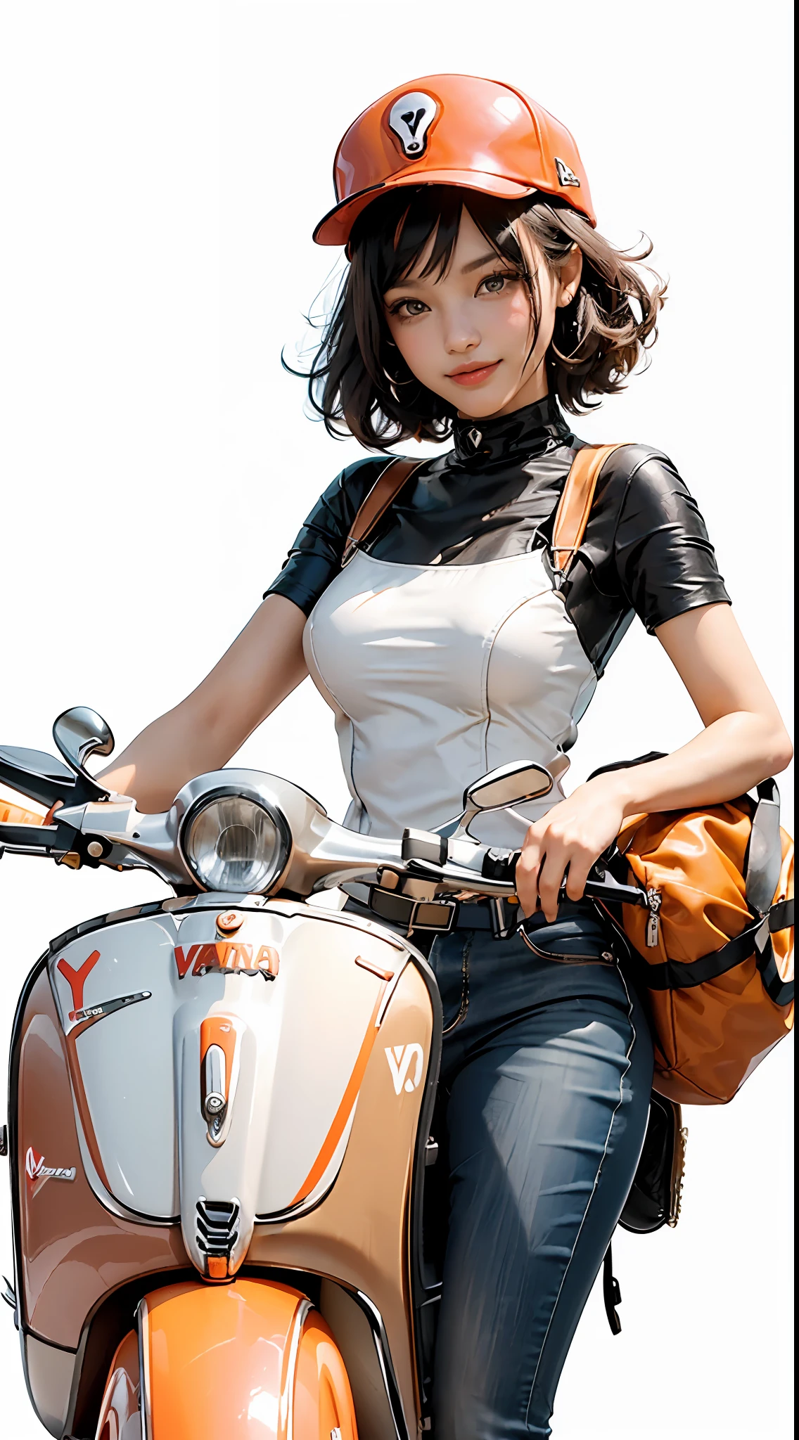 Best quality, realistic, award-winning illustration, (complicated detail: 1.2), (fine detail), (complicated detail), (cinematic lights, best quality), sharp lines, sharp focus, official art, 16k, on a white background, A woman with a smiling face, Brazilian, wearing a cap, orange and black cap, wearing jeans posing for a photo, ((motorcycle vespa model 1970)), white background, a playful young boss, Wearing black and orange apron uniform, woman of amazing body, with medium black color hair, holding roll of dough, next to black wasp motorcycle, pronounced feminine feature, flirting with the camera.