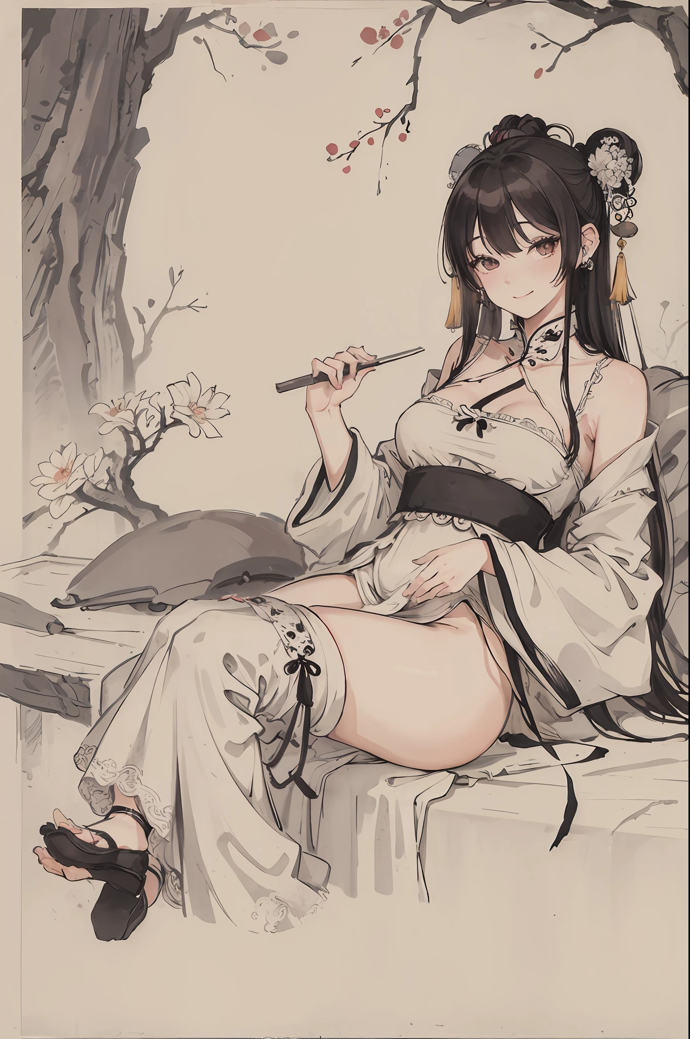 (masterpiece, best quality: 1.2), traditional Chinese ink painting, A cute 18 year old female with medium breasts, sexy white lace nightgown, Oversized dress :1.5, Couch, Ultra-detailed face, Detailed eyes, Double eyelid, sfw , long dress, Coy Smile