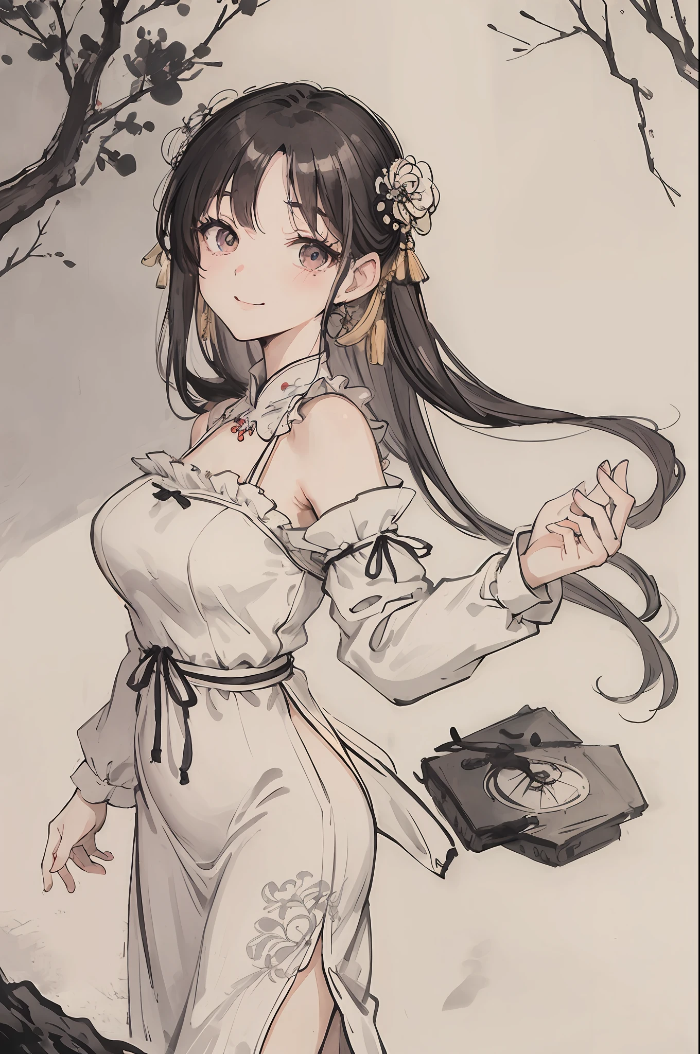 (masterpiece, best quality: 1.2), traditional Chinese ink painting, A cute 18 year old female with medium  breasts, sexy white lace nightgown, Oversized dress :1.5, Couch, Ultra-detailed face, Detailed eyes, Double eyelid, sfw , long dress, Coy Smile
