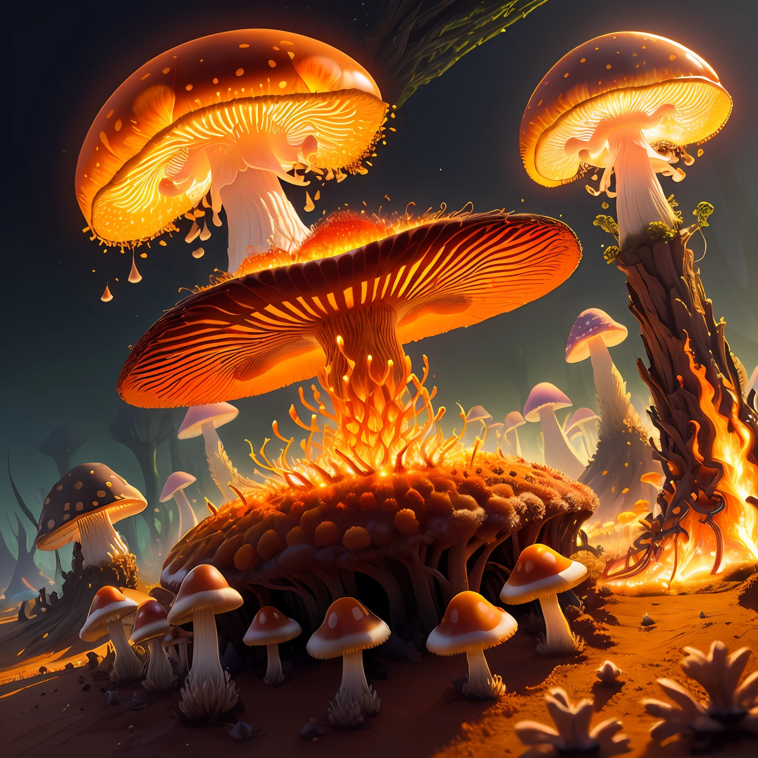 an anthill with photorealistic flaming magic mushrooms