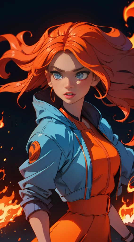 A young girl, with flames for hair, she's a model, she's wearing a fashion dress, she's 15, her eyes are orange, Her hair is on fire, her hair is shivering flames, just like lina in dota 2, fire, her hair is pure fire, she is black, has dark skin, fix the eyes, focus on the detailed eyes, well-made eyes