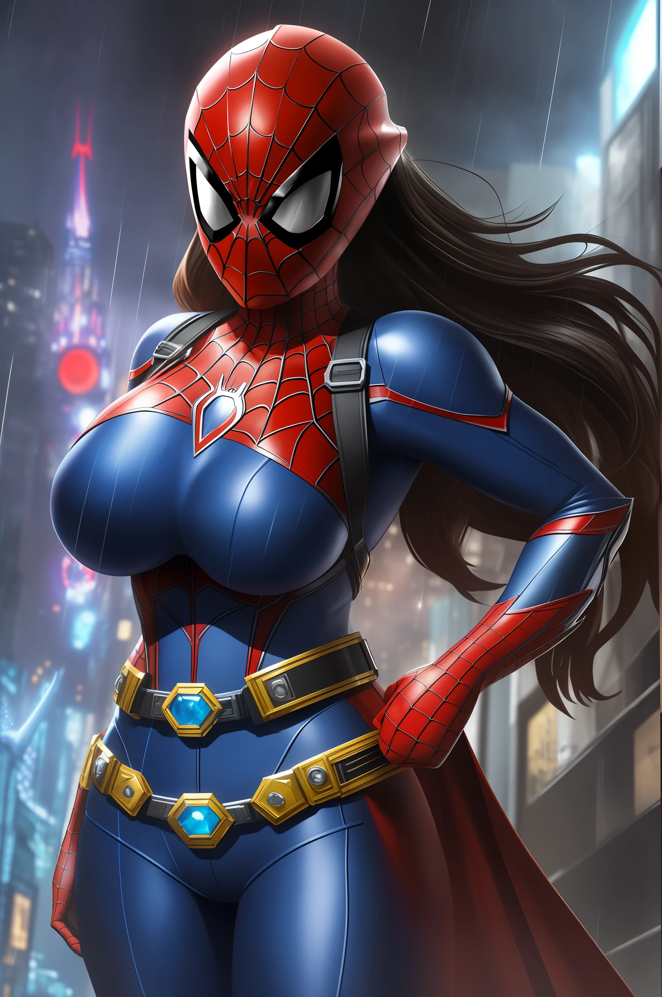 Image of a single woman with full resolution/quality/sharpness/, Unreal Engine 5/Power Rangers/Tokusatsu/Mortal Kombat/Super Metroid, Cartoon/Disney/Dragon ball/Style, ((woman/big breasts1/helmet/belt/Mega Man-X/Kamen Rider/BatmanSpiderman)), mohawk long hair, looking at the viewer, pose, She is in the center of the image posing, in a futuristic city raining heavily.
