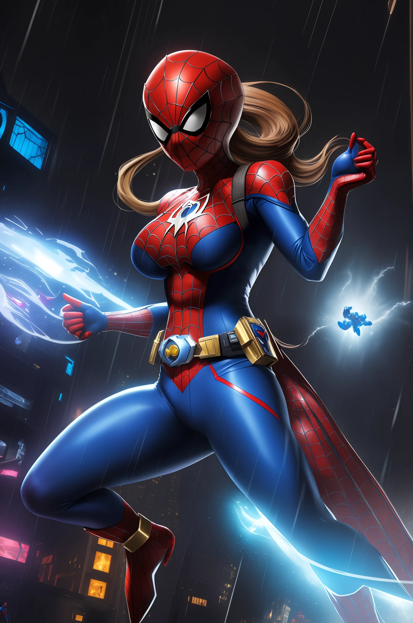 Image of a single woman with full resolution/quality/sharpness/, Unreal Engine 5/Power Rangers/Tokusatsu/Mortal Kombat/Super Metroid, Cartoon/Disney/Dragon ball/Style, ((woman/big breasts1/helmet/belt/Mega Man-X/Kamen Rider/BatmanSpiderman)), mohawk long hair, looking at the viewer, pose, She is in the center of the image posing, in a futuristic city raining heavily.