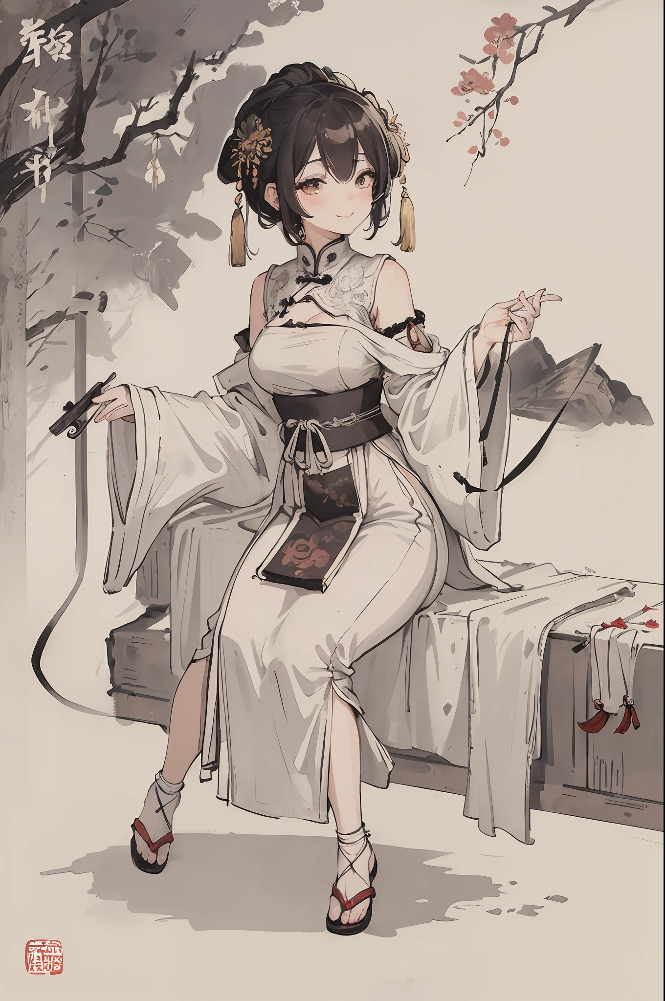 (masterpiece, best quality: 1.2), traditional Chinese ink painting, A cute 18 year old female with medium  breasts, sexy white lace , Oversized dress :1.5, Couch, Ultra-detailed face, Detailed eyes, Double eyelid, sfw , long dress, Coy Smile