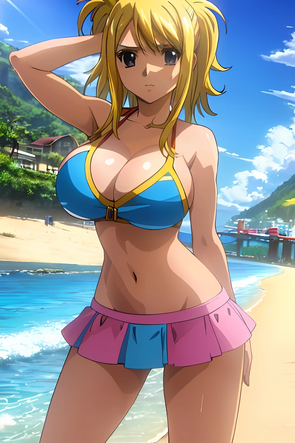 ((masterpiece)), ((best quality:1.1)), (colourful composition:1.2) , lucy heartfilia, blonde hair, (big breasts:1.2), (beach:1.1), very detailed, professional work, perfect body