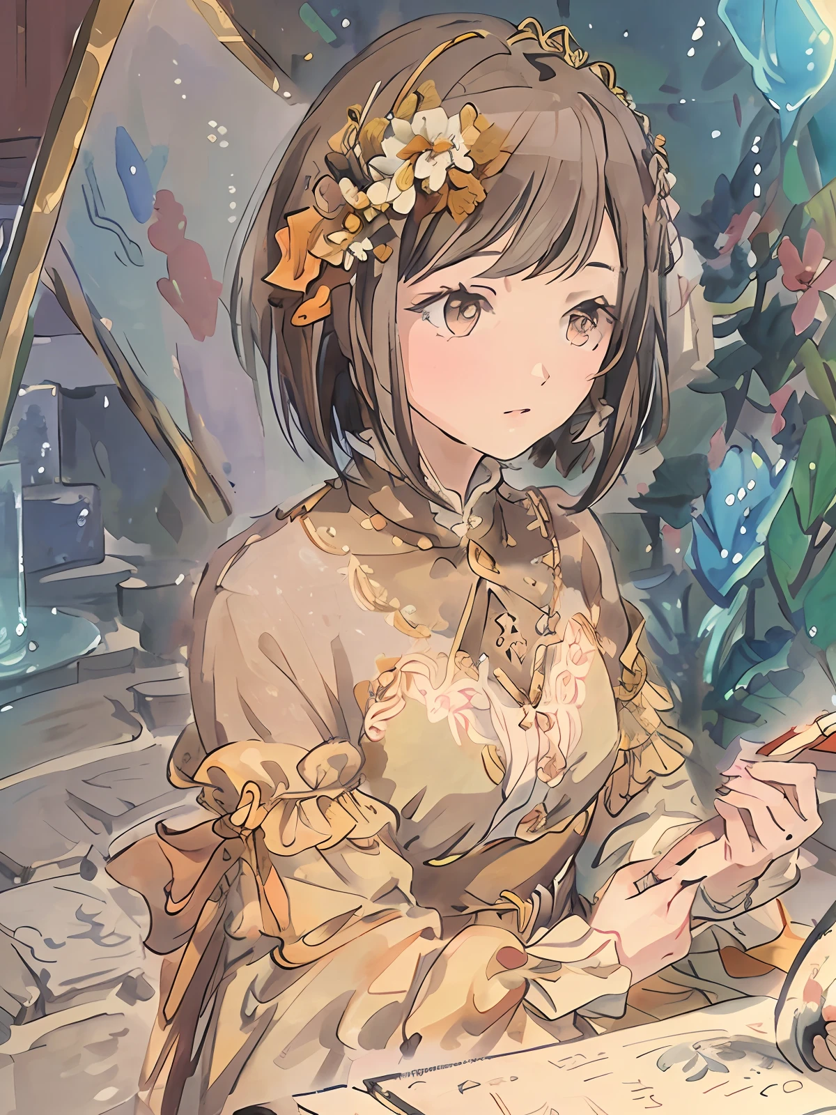 masterpiece, best quality, an extremely delicate and beautiful girl,an extremely delicate and beautiful, in beautiful garden, ultra-detailed, highly detailed, best quality, short brown hair, brown eyes, upper body, highres, extremely detailed,1girl, best quality, illustration, looking at viewer, hands down, impasto, canvas, oil painting, realistic, realist ,real