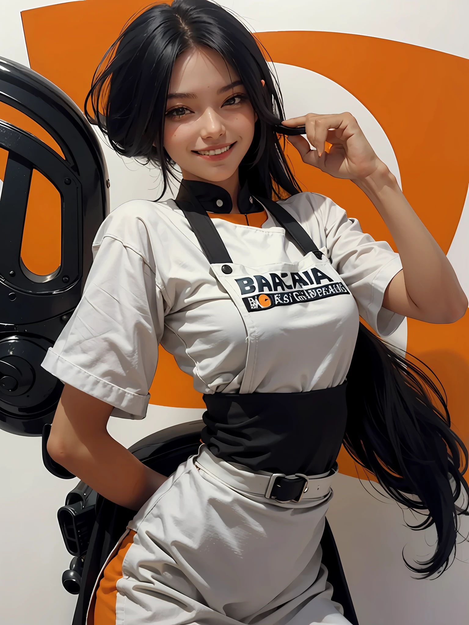 A smile face skinny woman, brazilian, brazil, cap orange with black, vespa, character design by george lucas style, white background, a skinny young chef girl, black uniform with orange apron,