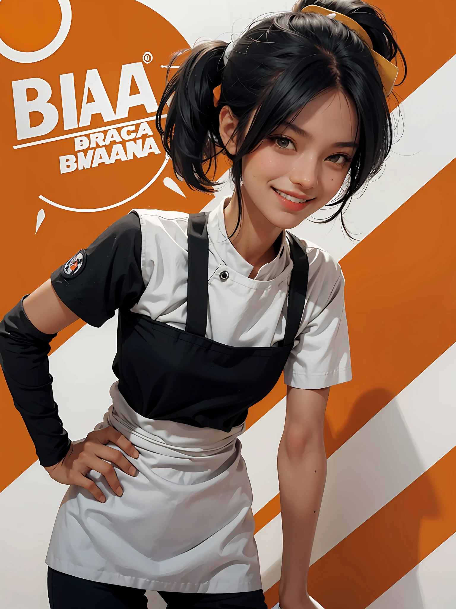 A smile face skinny woman, brazilian, brazil, cap orange with black, vespa, character design by george lucas style, white background, a skinny young chef girl, black uniform with orange apron,