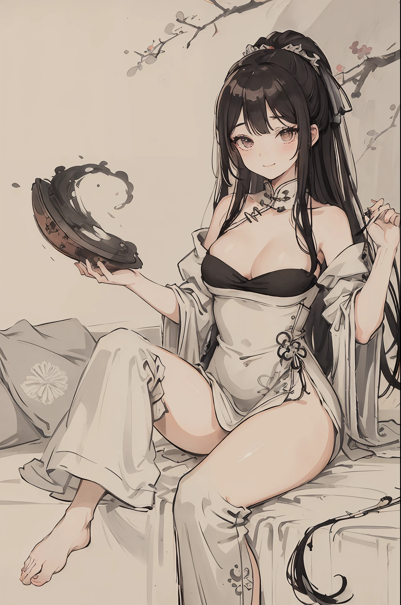 (masterpiece, best quality: 1.2), traditional Chinese ink painting, A cute 18 year old female with medium breasts, sexy white lace , Oversized dress :1.5, Couch, Ultra-detailed face, Detailed eyes, Double eyelid, sfw , long dress, Coy Smile