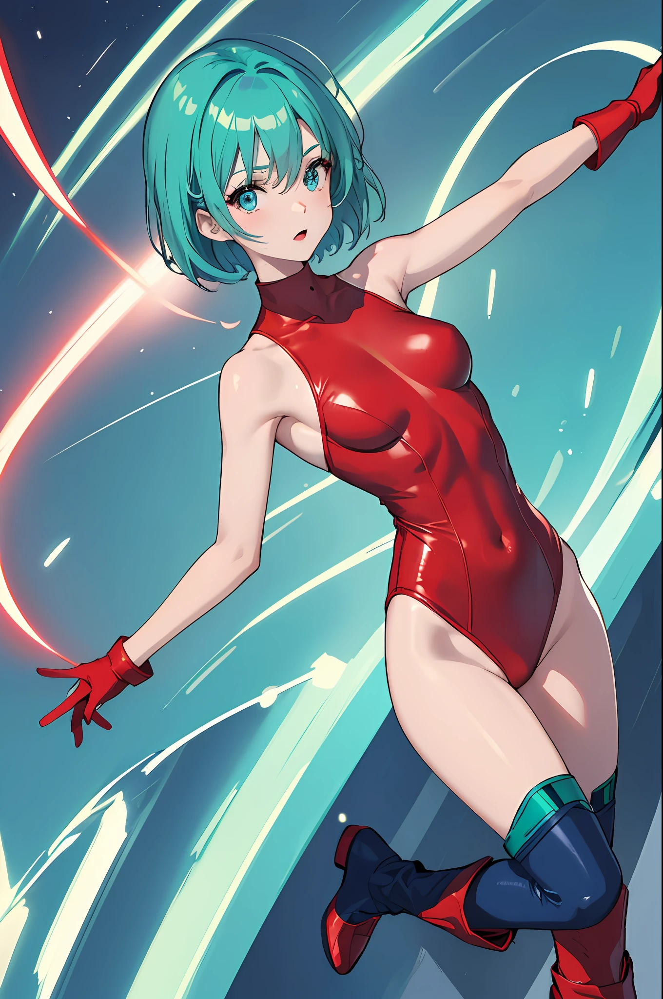 masterpiece, best quality, highres, 1girl, solo, superhero, red leotard, bare legs, red boots, matching boots, aura, blue aura, sleeveless, red gloves, bracelets, matching gloves, looking at viewer, light particles, city backdrop, perfect hands, perfect eyes, powering up, perfect leotard, perfect legs, perfect arms, perfect fingers, light blue and dark green leotard, green hair, aquamarine eyes, medium breasts, short hair, bob hair, blue skin, light sprinkles,