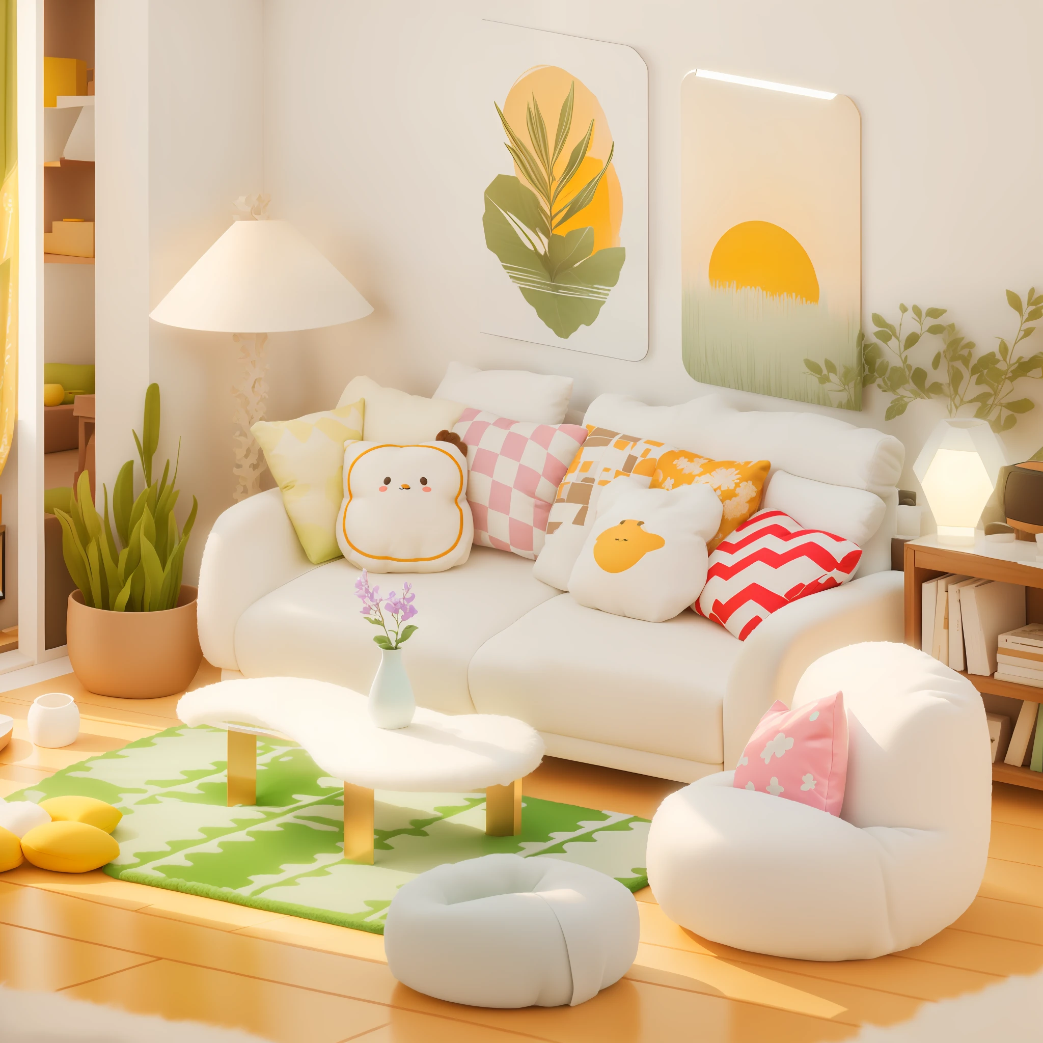 there is a living room with a white couch and a green rug, cute 3 d render, cozy home background, cozy living room background, soft 3d render, stylized 3d render, fully detailed render, animation style render, highly detailed scene, very detailed render, highly detailed render, detailed render, super detailed render, in a living room, living room background
