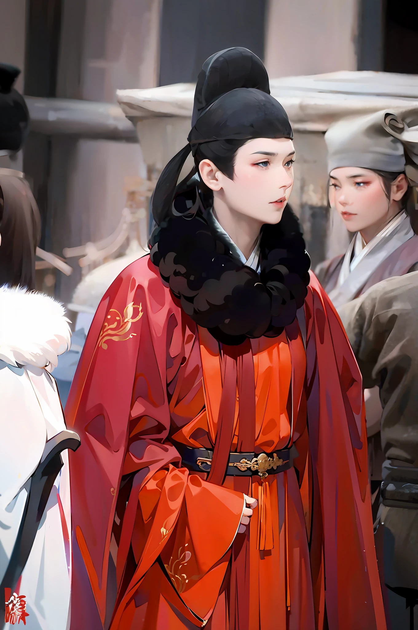 The red Hanfu has a flowing hem and a fine texture of the clothes