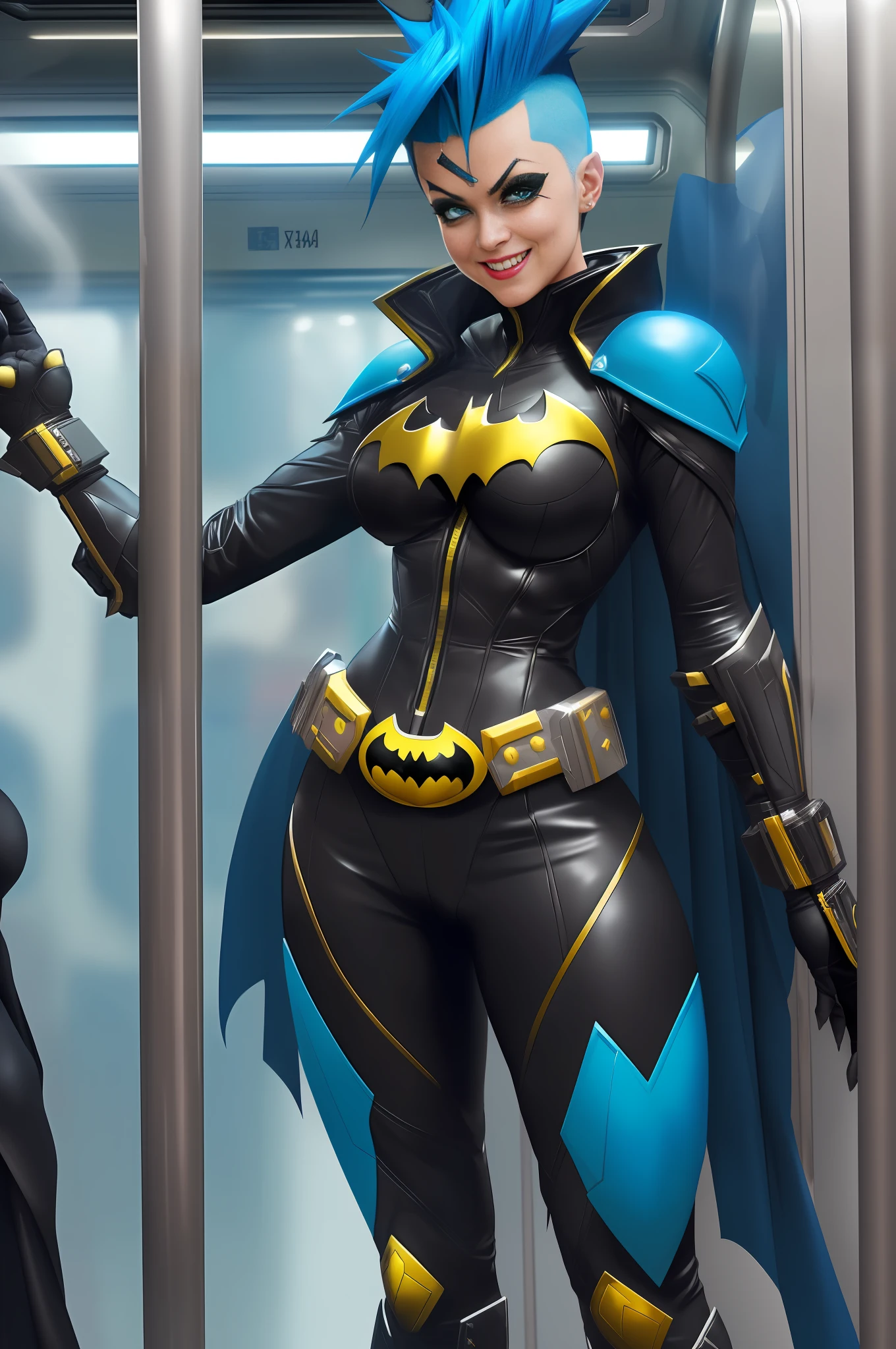 Image of a woman dressed as (Batman/Kamen Rider/Mega Man-x, she is on a subway train full of people, her hair green and mohawk and has blue eyes, Max quality/resolution/sharpness/detail, Unreal Engine 5/Mortal Kombat, Cartoon/Anime style, she is looking at the viewer/smiling/holding futuristic weapons.