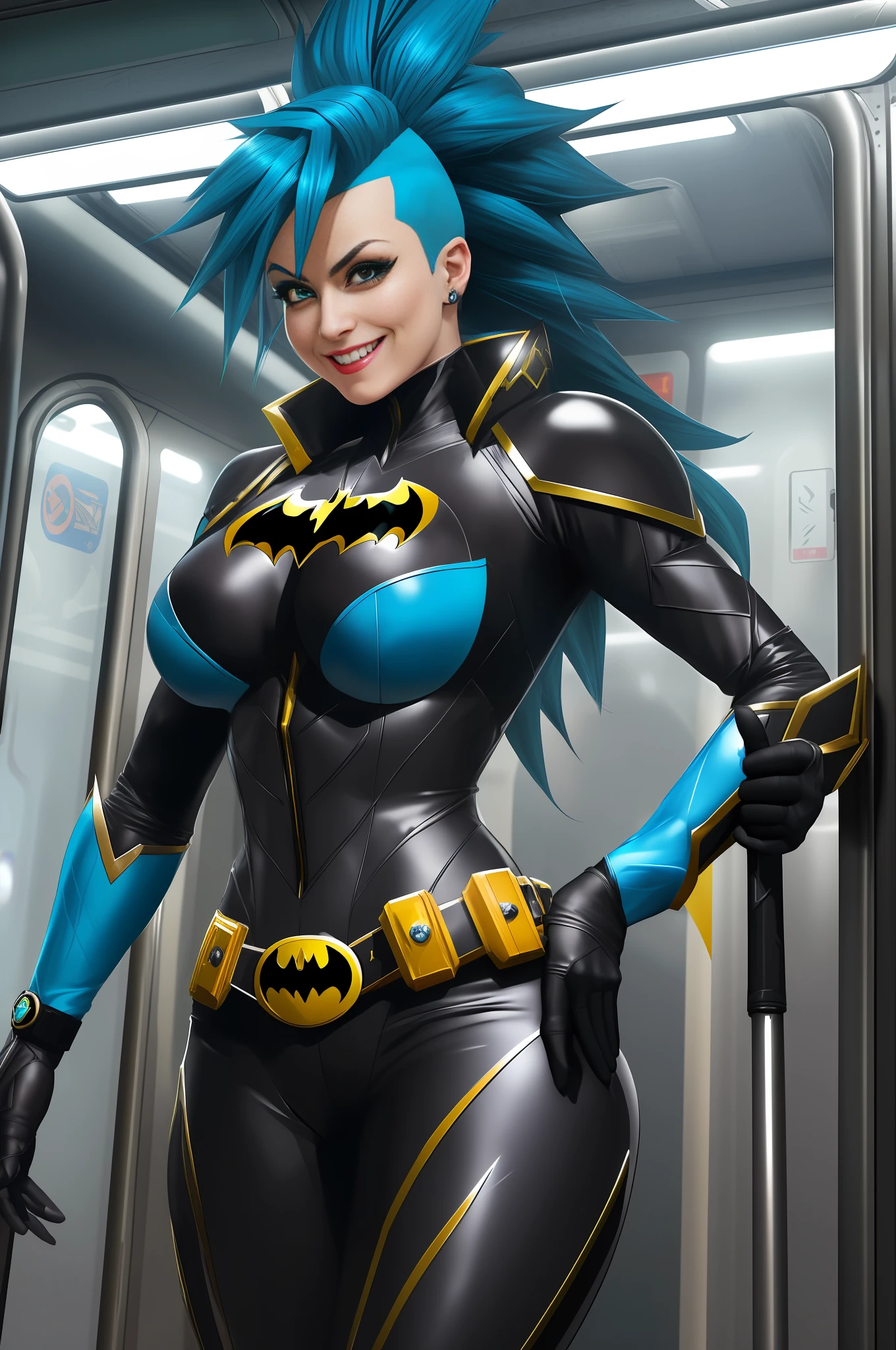 Image of a woman dressed as (Batman/Kamen Rider/Mega Man-x, she is on a subway train full of people, her hair green and mohawk and has blue eyes, Max quality/resolution/sharpness/detail, Unreal Engine 5/Mortal Kombat, Cartoon/Anime style, she is looking at the viewer/smiling/holding futuristic weapons.