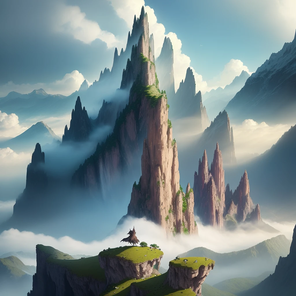Behold Dragon's Peak, a towering mountain range veiled in a mysterious mist that wraps around its peaks like a cloak. The mountains rise majestically, their rugged slopes and jagged peaks reaching towards the sky. The air is tinged with an electric energy, hinting at the ancient power that resides within.

As you approach Dragon's Peak, the mist thickens, obscuring your view and heightening the sense of anticipation. Shadows dance and swirl within the fog, as if ethereal creatures are watching from unseen realms. The atmosphere is heavy with the presence of mythical beasts, their primal roars echoing through the valleys.

Amongst the mist, you catch glimpses of colossal dragon silhouettes, their scales gleaming with an otherworldly iridescence. Some soar through the air with grace, their wings spanning vast distances, while others perch atop towering cliffs, surveying their domain with fiery eyes.

The landscape surrounding Dragon's Peak is both awe-inspiring and treacherous. Waterfalls cascade down sheer cliffs, their pristine waters crashing into crystal-clear pools below. Dense forests teem with fantastical creatures, from playful sprites to elusive unicorns. Ancient ruins, remnants of a forgotten civilization, dot the valleys, holding secrets and untold stories.

As an artist, you have the opportunity to capture the enigmatic essence of Dragon's Peak. Let your imagination take flight as you paint, draw, or sculpt this mythical landscape. Convey the mist-shrouded mountains, the presence of ancient dragons, and the ethereal beauty that lingers in every crevice. Immerse yourself in the magic and wonder of Dragon's Peak, creating a piece of art that transports viewers to a world where legends come alive.