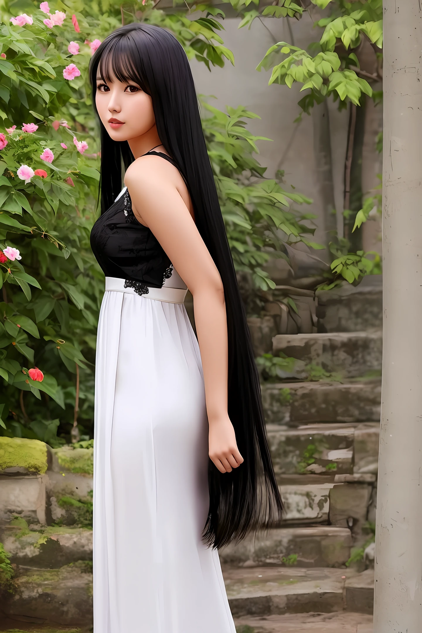 25year old woman with long black hair,slim body,tall and cute with myanmar dress