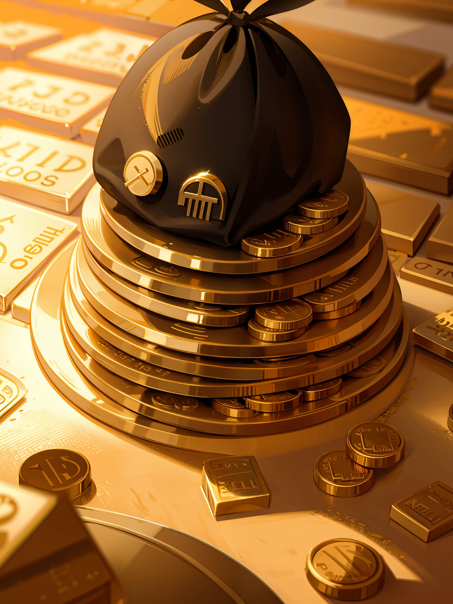Pile of gold bars, gold coins and some cash bills around a fortune cat