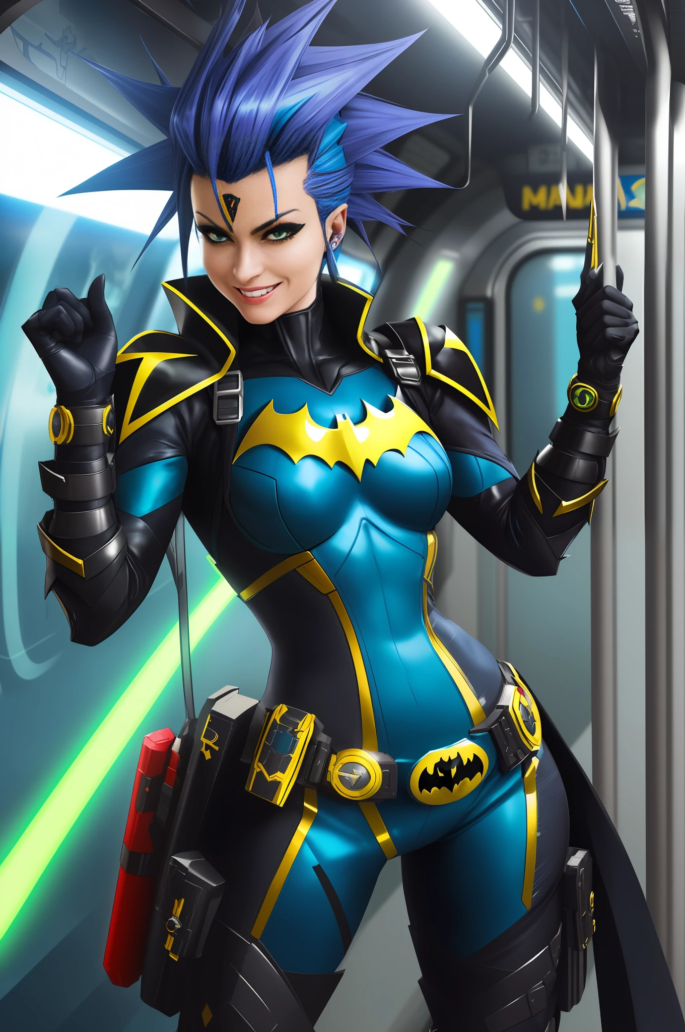 Image of a woman dressed as (Batman/Kamen Rider/Mega Man-x/Ninja, on a futuristic subway train, has blue mohawk hair, green eyes. she's looking at the viewer/smiling/holding futuristic weapons. Max quality/resolution/sharpness/detail, Unreal Engine 5/Mortal Kombat, Cartoon/Anime style,