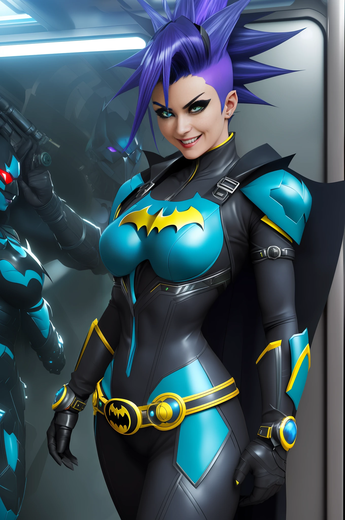 Image of a woman dressed as (Batman/Kamen Rider/Mega Man-x/Ninja, on a futuristic subway train, has blue mohawk hair, green eyes. she's looking at the viewer/smiling/holding futuristic weapons. Max quality/resolution/sharpness/detail, Unreal Engine 5/Mortal Kombat, Cartoon/Anime style,