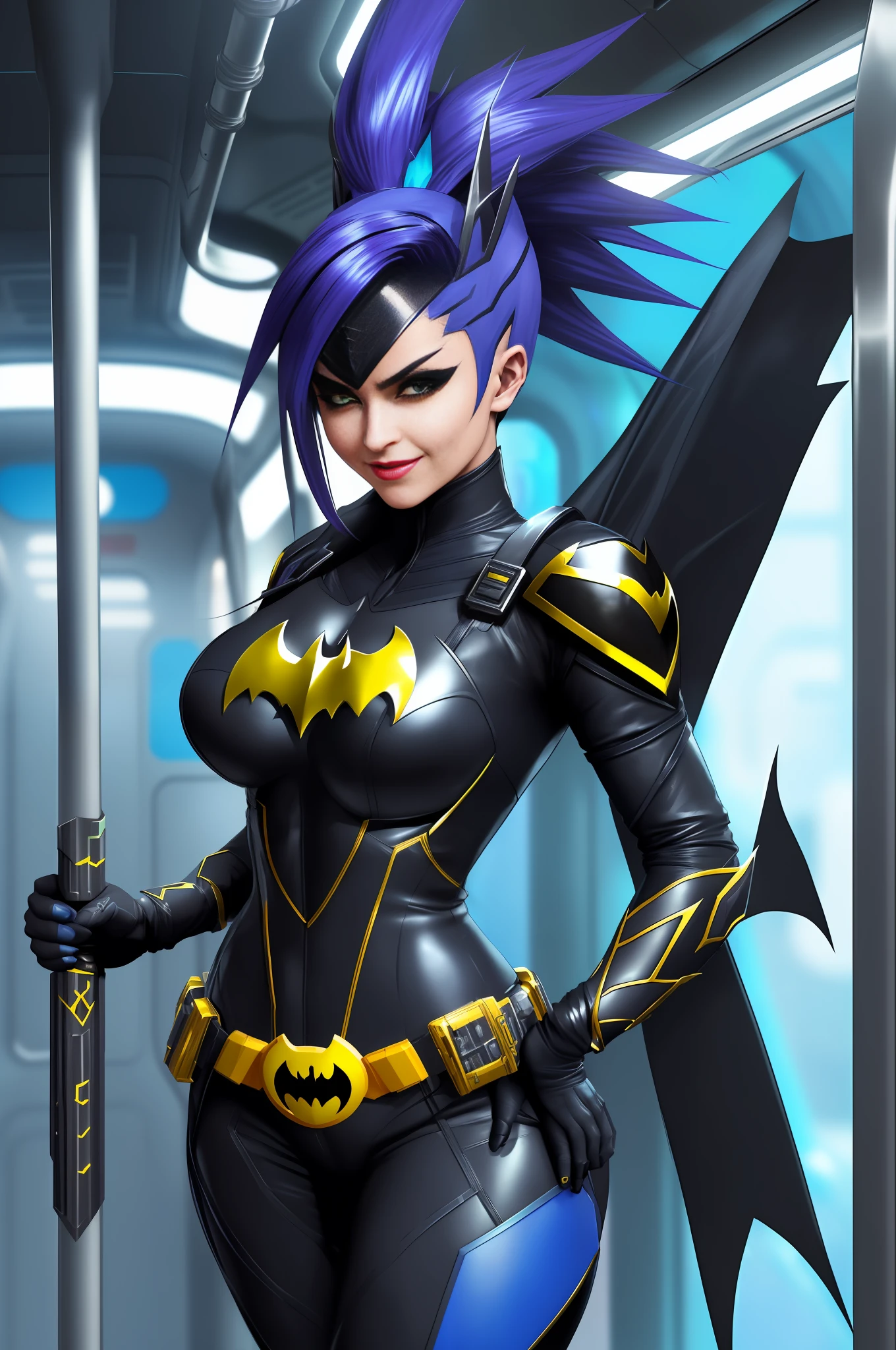Image of a woman dressed as (Batman/Kamen Rider/Mega Man-x/Ninja, on a futuristic subway train, has blue mohawk hair, green eyes. she's looking at the viewer/smiling/holding futuristic weapons. Max quality/resolution/sharpness/detail, Unreal Engine 5/Mortal Kombat, Cartoon/Anime style,