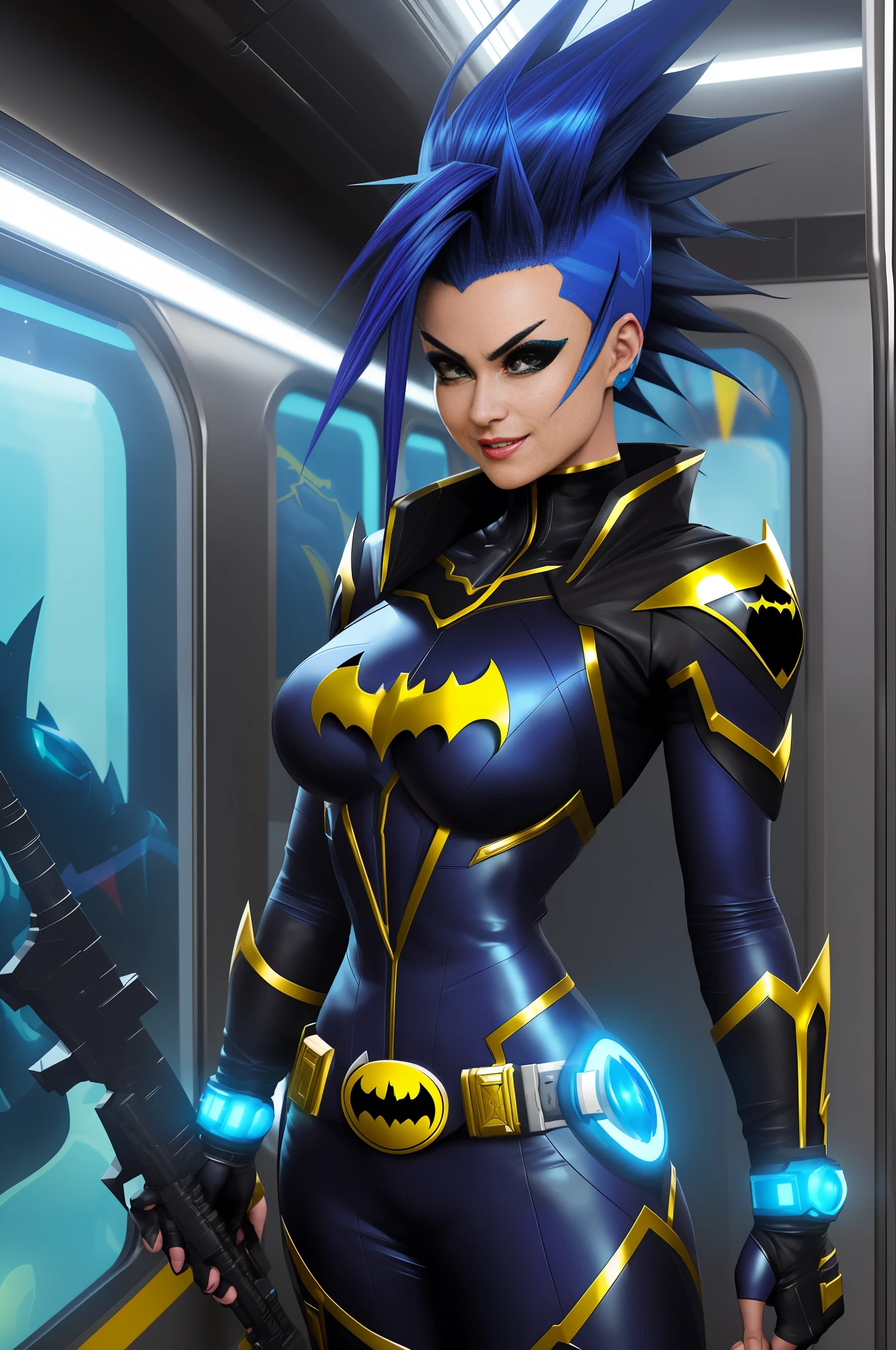 Image of a woman dressed as (Batman/Kamen Rider/Mega Man-x/Ninja, on a futuristic subway train, has blue mohawk hair, green eyes. she's looking at the viewer/smiling/holding futuristic weapons. Max quality/resolution/sharpness/detail, Unreal Engine 5/Mortal Kombat, Cartoon/Anime style,