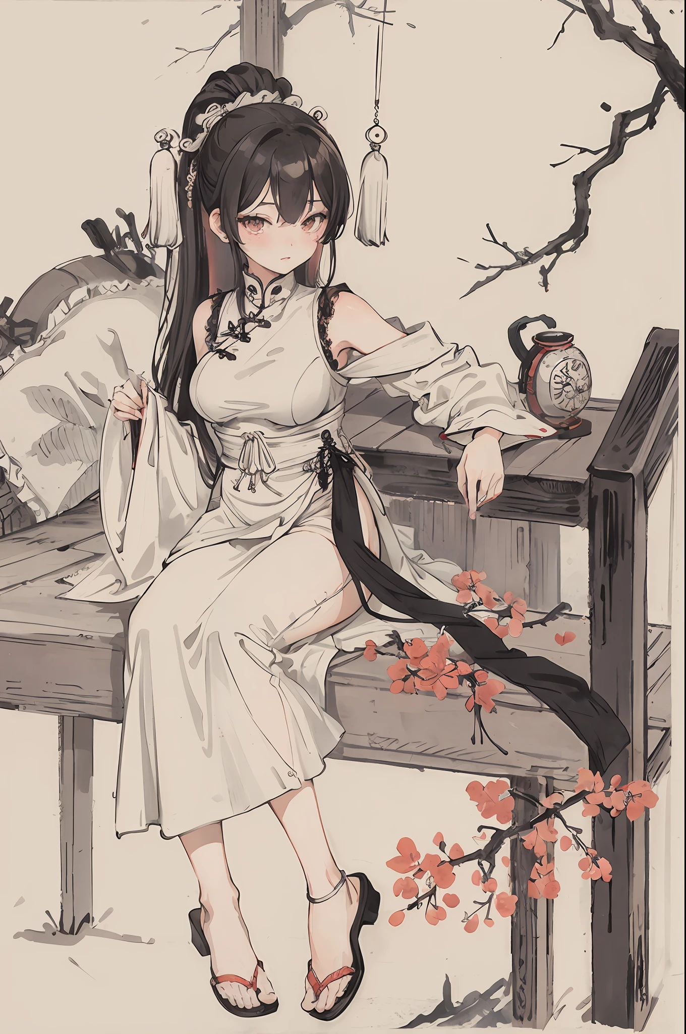 (masterpiece, best quality: 1.2), traditional Chinese ink painting, A cute 18 year old female with medium breasts, sexy white lace , Oversized dress :1.5, Couch, Ultra-detailed face, Detailed eyes, Double eyelid, sfw , long dress,