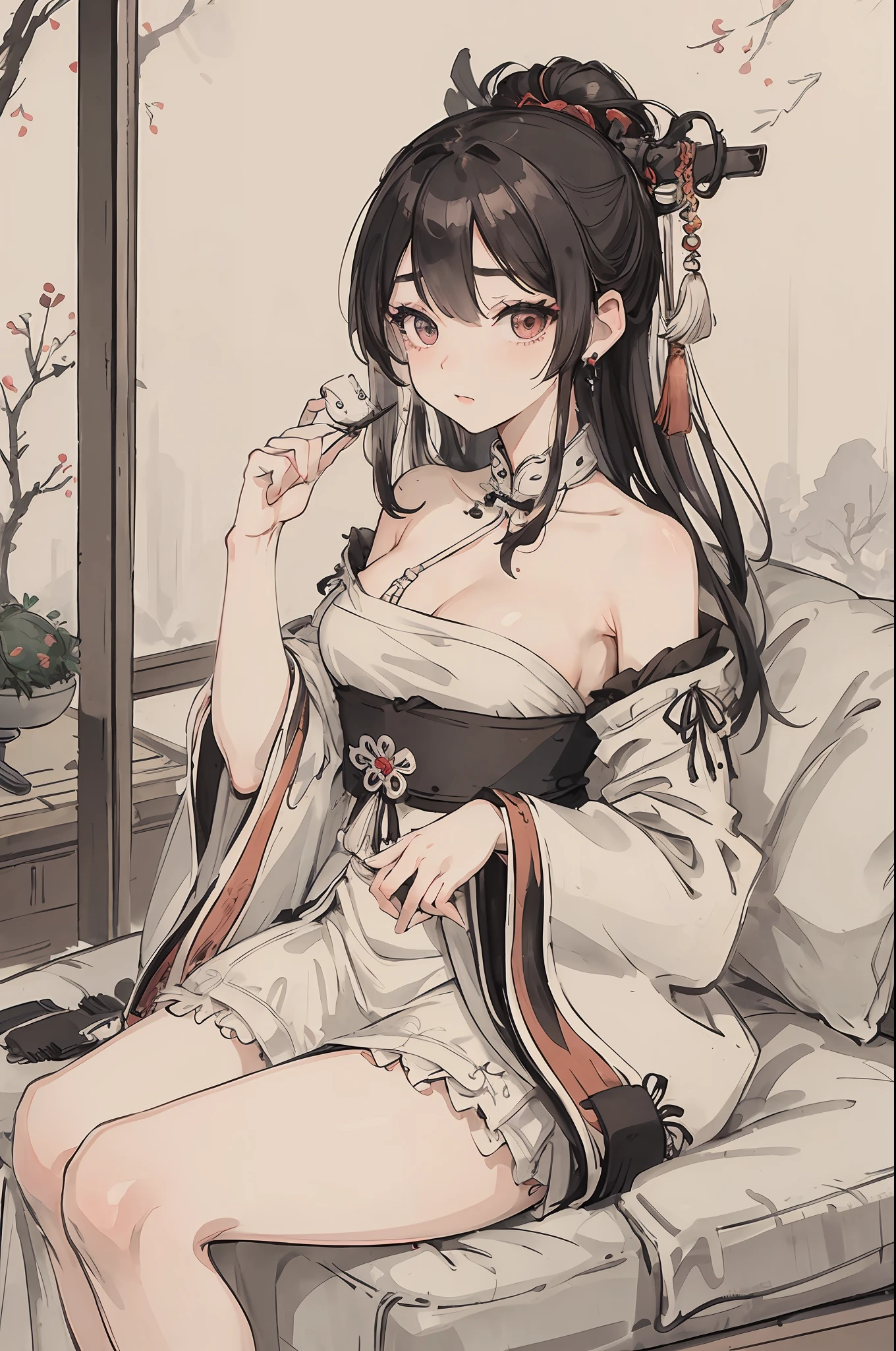 (masterpiece, best quality: 1.2), traditional Chinese ink painting, A cute 18 year old female with medium  breasts, sexy white lace , Oversized dress :1.5, Couch, Ultra-detailed face, Detailed eyes, Double eyelid, sfw , long dress,