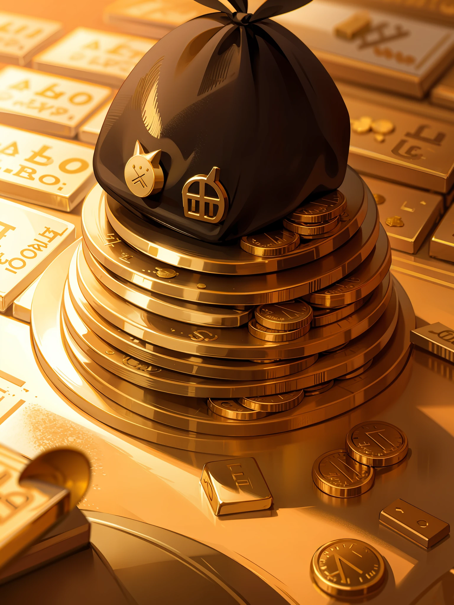 Pile of gold bars, gold coins and some cash bills around a fortune cat