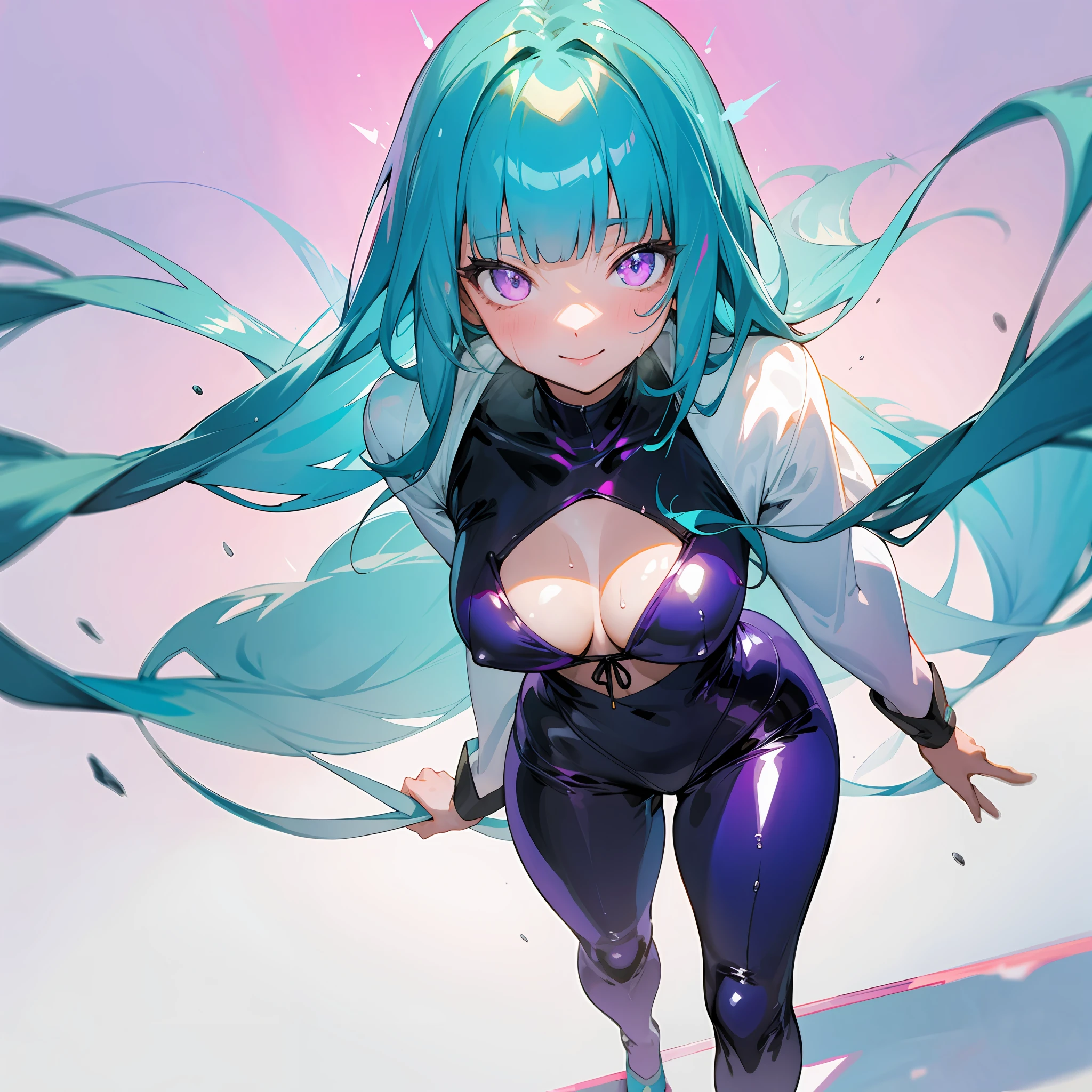 perfect anatomy, 1girl, solo, mememe, long hair, aqua hair, blunt bangs, pink eyes, micro blue bikini, purple sleeves, purple tights, full body, walking in public, smiling, bikini, beautiful, masterpiece, very shiny body, bright colors, simple background, perfect lighting, perfect shadows, perfect eyes, perfect hair, perfect body, looking at the viewer, wet, heart-shaped pupils, standing, slim, wet, best quality, detailed image, colorful, gorgeous body, hourglass body, incredibly shiny body, one girl, one character, solo, 1girl, beautiful, masterpiece, detailed image, colorful, detailed face, perfect lighting, perfect shadows, perfect eyes, girl focus, perfect hair, pupils of different colors, flawless face, shiny body, 1girl, solo, center focus, sweat, wet, heart-shaped pupils, incredibly shiny body, close-up