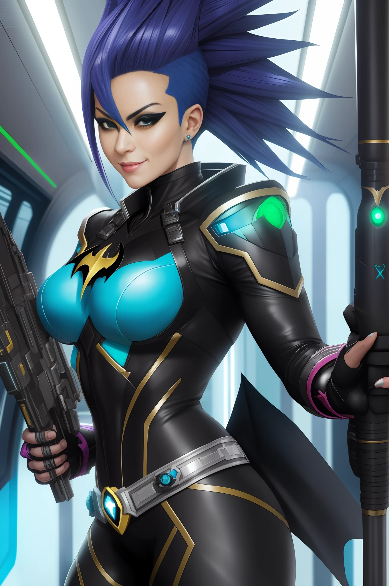 Image of a woman/Batman/Kamen Rider/Mega Man-x/Ninja, on a futuristic subway train, has blue mohawk hair, green eyes. She's looking at the viewer/smiling/holding futuristic weapons. Max quality/resolution/sharpness/detail, Unreal Engine 5/Mortal Kombat, Cartoon/Anime style,