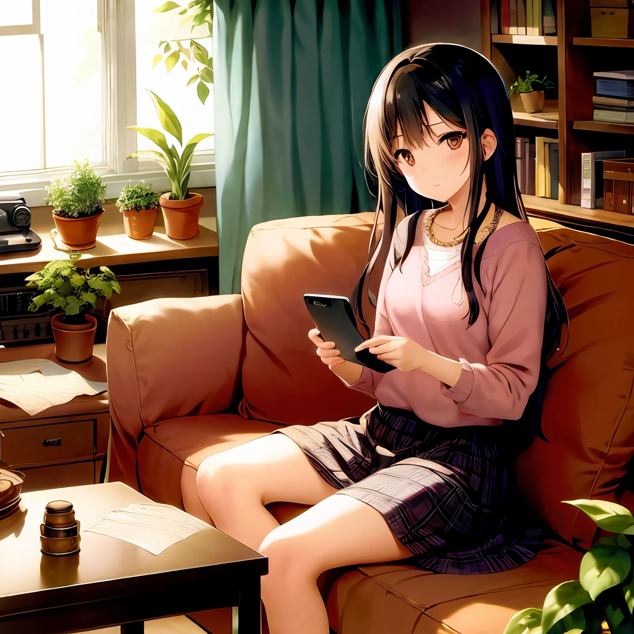 Living room, sofa, window, curtains, dappled sunlight, potted plants, table, cabinet, bookshelf, paper, lamp, typewriter, a girl sitting on sofa playing with mobile phone
