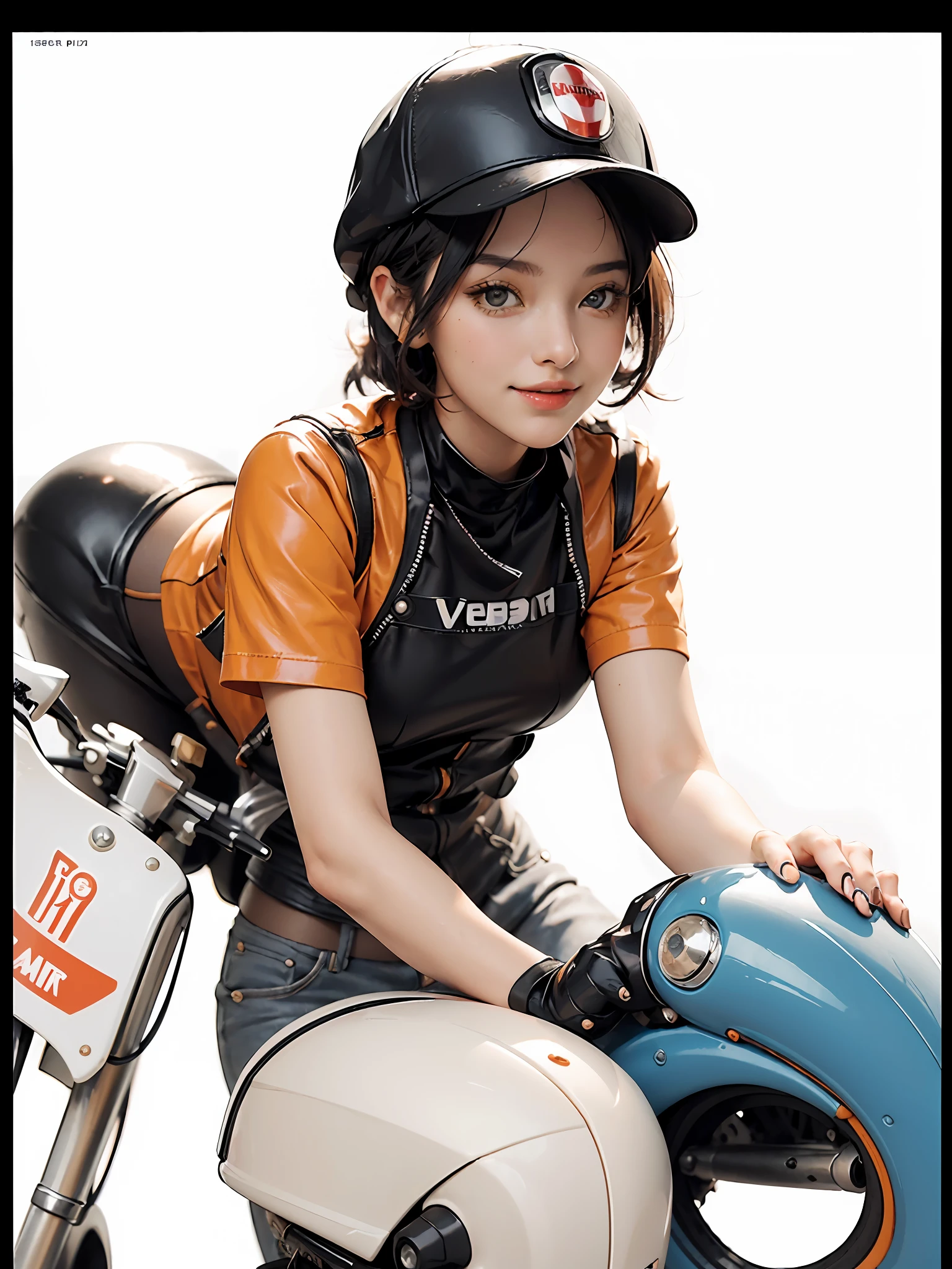 Best quality, realistic, award-winning illustration, (complicated detail: 1.2), (fine detail), (complicated detail), (cinematic lights, best quality), sharp lines, sharp focus, official art, 16k, on a white background, A woman with a smiling face, Brazilian, wearing a cap, orange and black cap, wearing jeans posing for a photo, ((motorcycle vespa model 1970)), white background, a playful young boss, Wearing black and orange apron uniform, woman of amazing body, with medium black color hair, holding roll of dough, next to black wasp motorcycle, pronounced feminine feature, flirting with the camera.