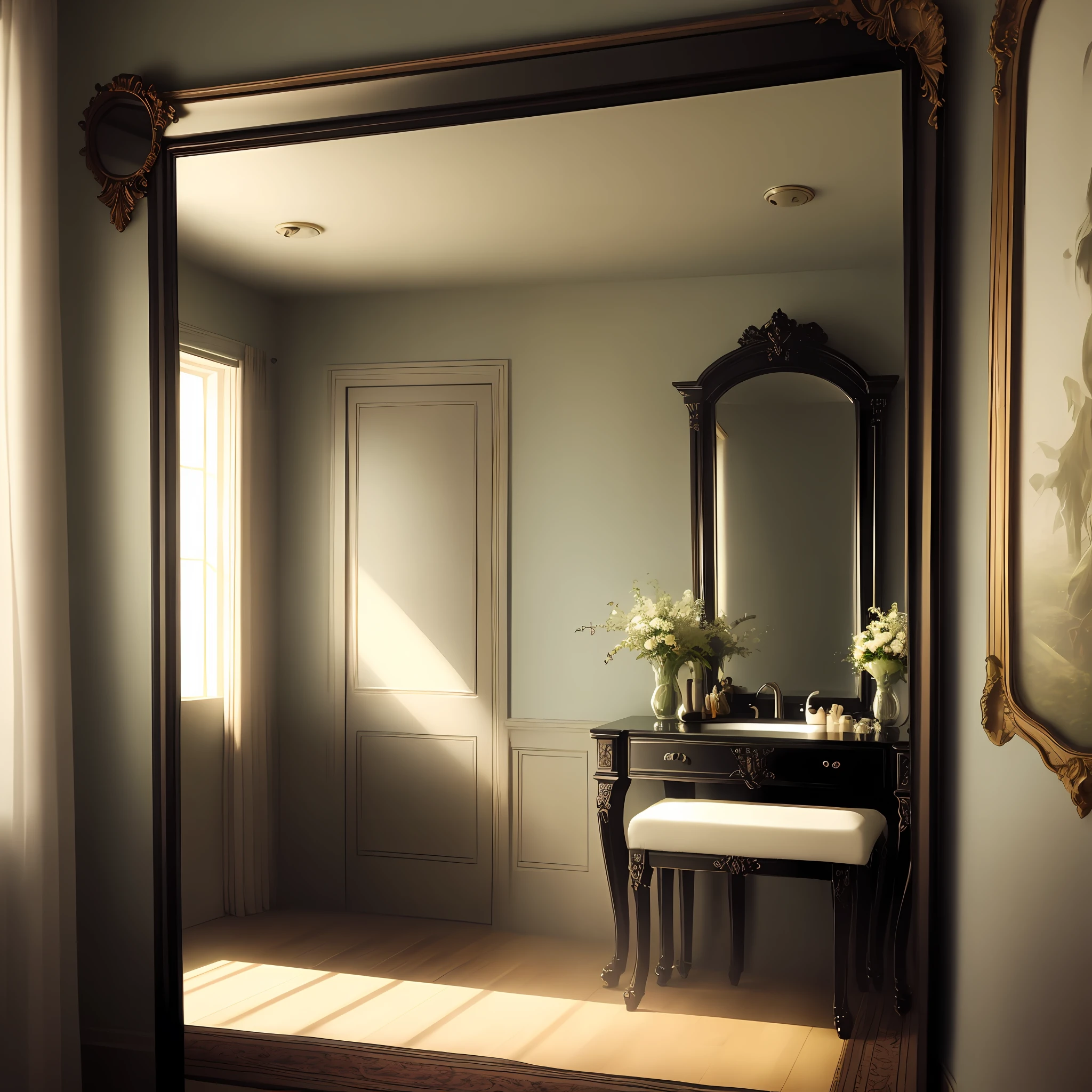 a greenroom, an ebony framed mirror, soft light, sunny atmosphere
