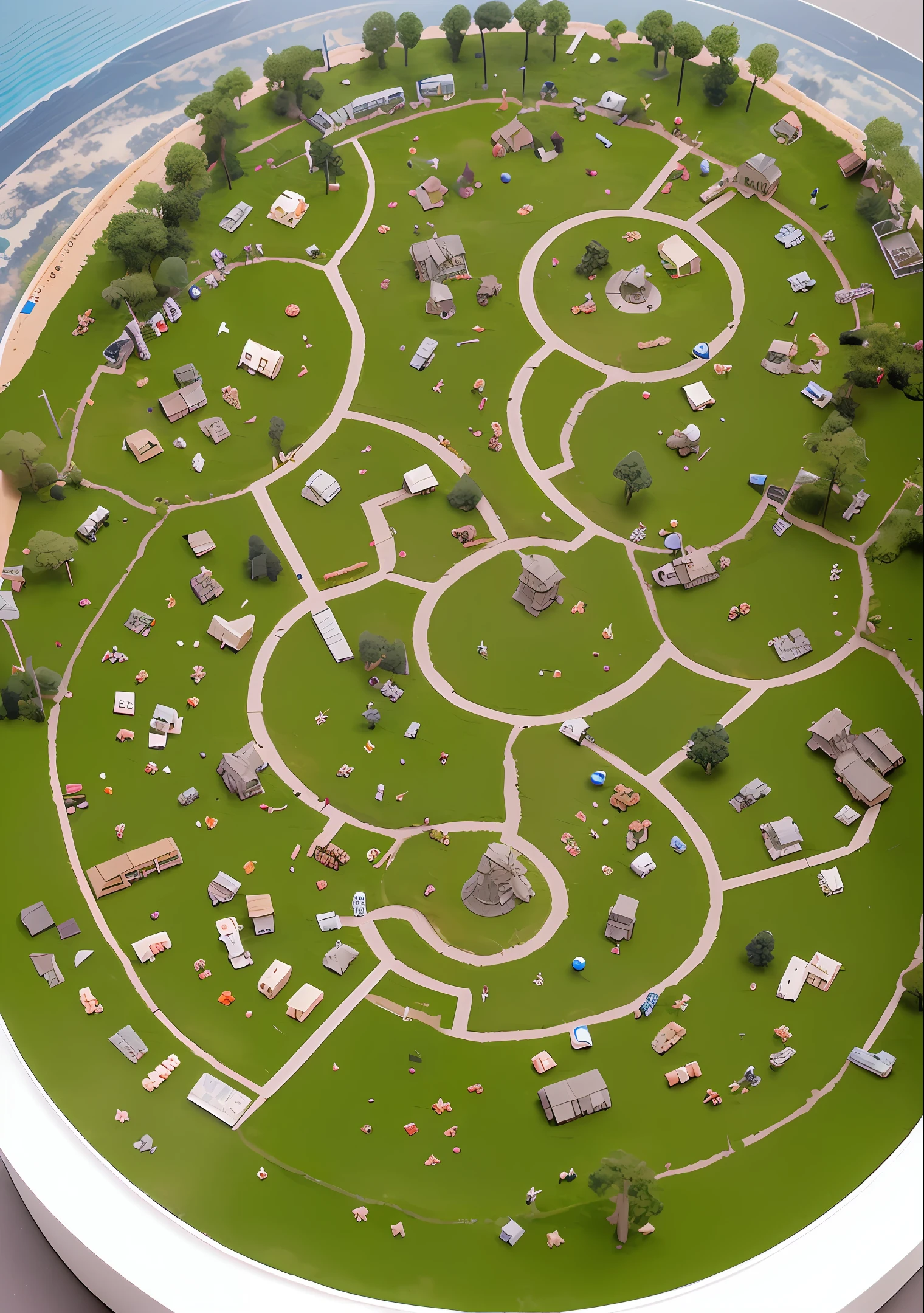 a circular diorama of a tiny battlefield, aerial view, hyperrealism