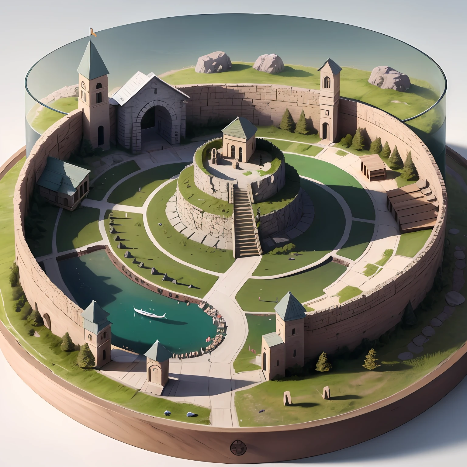 a circular diorama of a tiny battlefield, aerial view, hyperrealism