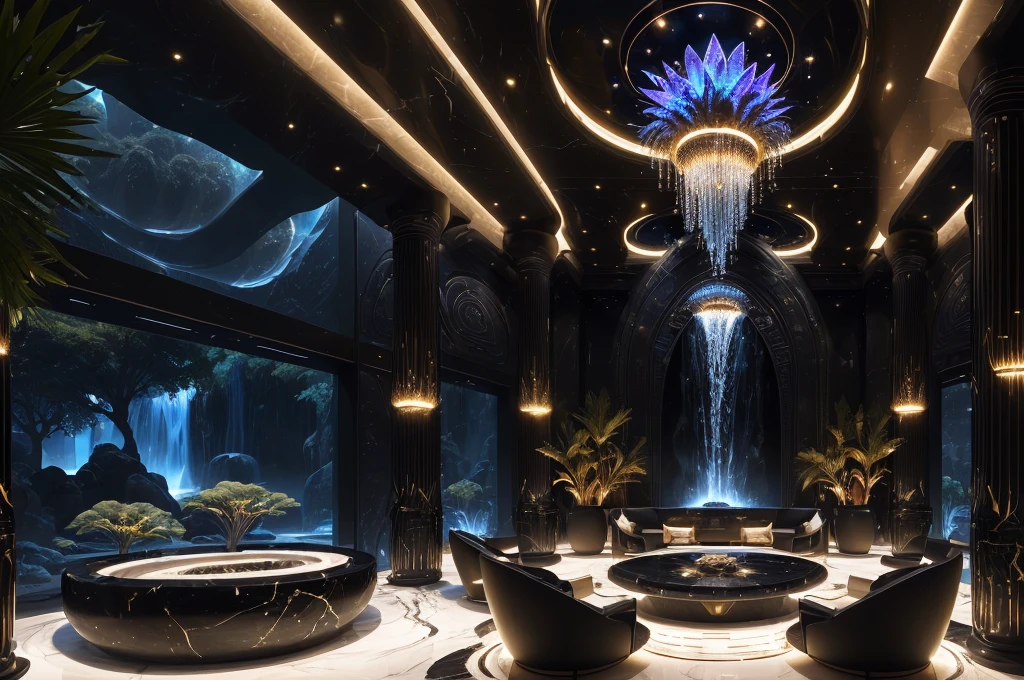 incredible black luxurious futuristic interior in Ancient Egyptian style with many ((lush plants)) (lotus flowers), ((palm trees)), (((african flowers and plants))), rocky walls, ((sand)), ((waterfalls)) (marble), ((precious minerals)), ((metals)), (gemstones), crystals, clouds and (((water))), (futuristic luxury furniture), (hieroglyphics), ((trees, flowers, plants made out of gemstones and precious minerals and lights)), crocodiles, (((ultra luxury))), (black marble) – with ((beautiful lights)), Unreal Engine, HQ, 16k
