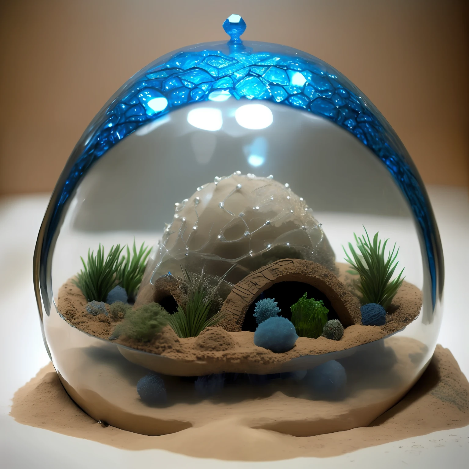 anthill made in the shape of sand art under clear glass dome with blues and greens and silver and charcoal colors-