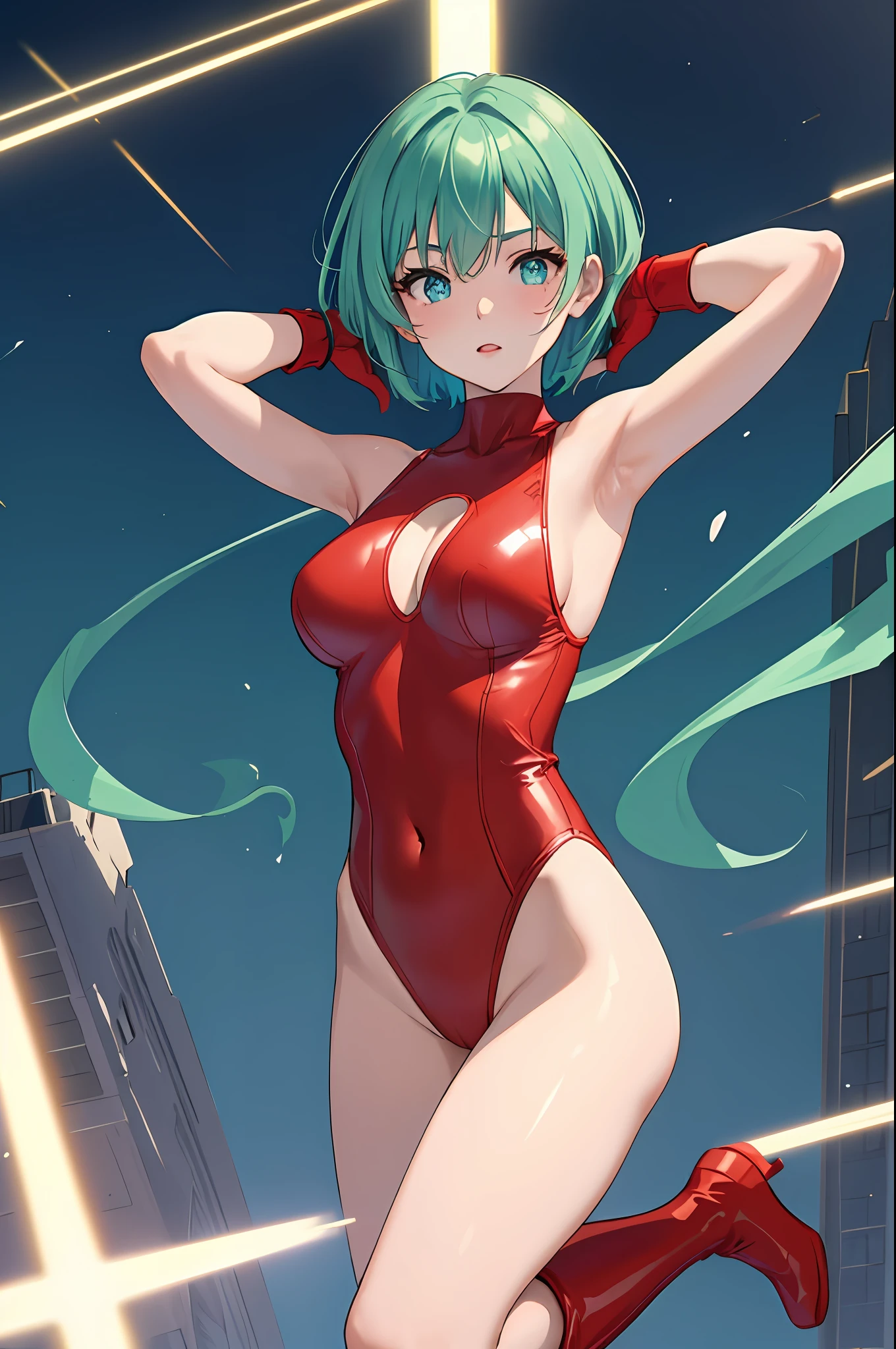 masterpiece, best quality, highres, 1girl, solo, superhero, red leotard, bare legs, red boots, matching boots, aura, blue aura, sleeveless, red gloves, bracelets, matching gloves, looking at viewer, light particles, city backdrop, perfect hands, perfect eyes, powering up, perfect leotard, perfect legs, perfect arms, perfect fingers, light blue and dark green leotard, green hair, aquamarine eyes, medium breasts, short hair, bob hair, blue skin, light sprinkles,