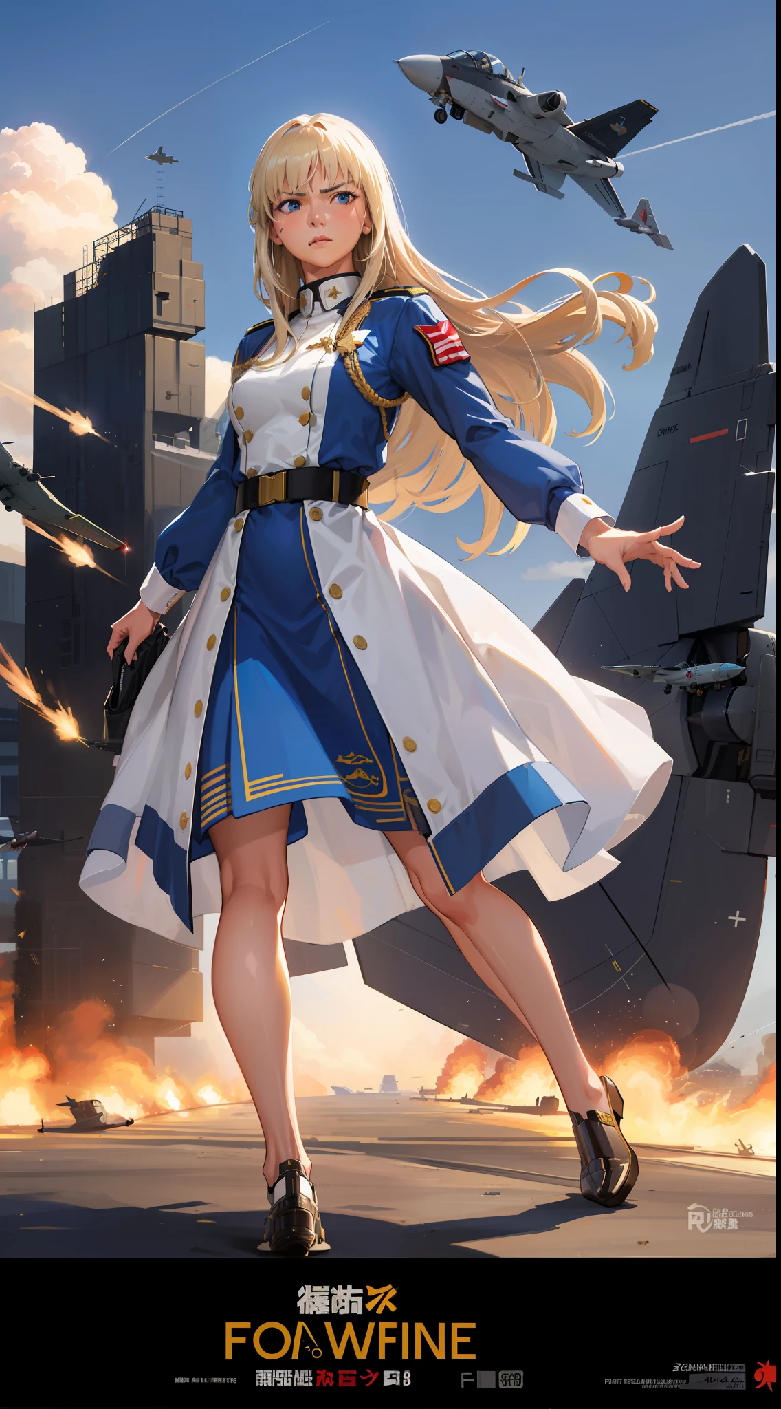 Realistic,Polite Dress,(Fighter Plane Action War Movie Poster),(Foundation Movie Reference: 1.8),Realistic,White Air Force General Uniform,(Realistic Face Resolution),Cinematic Poses,Adult,Skinny,Small,Long Hair Dark Blonde Woman 1 Person,Serious Face,Science Fiction,Sci-Fi,Different Characters