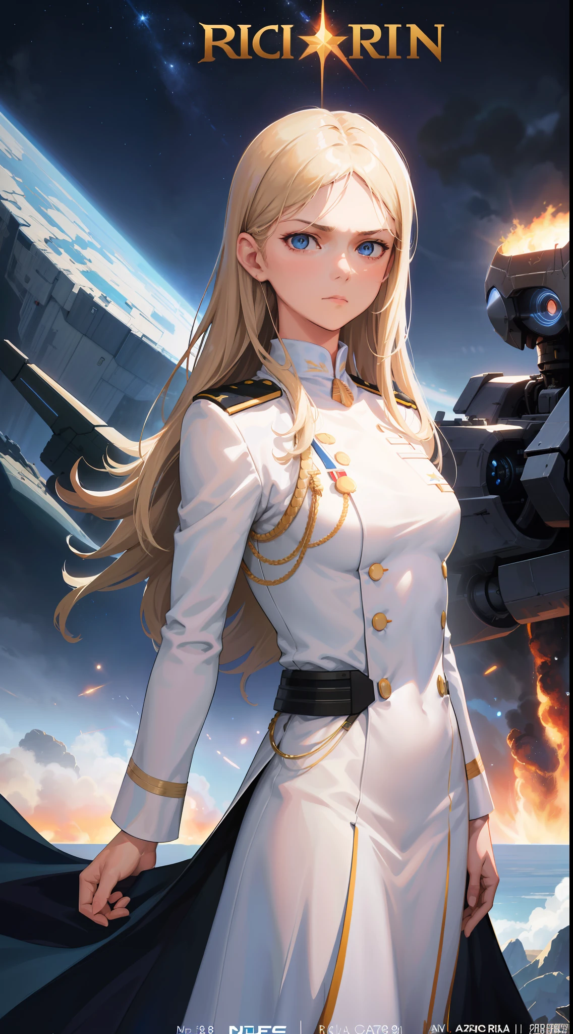 Foundation Movie Poster Reference : 1.8 ,Real,(Sci-fi War Movie Poster),English,Sky Background,Realistic,White Dress,Air Force General Uniform,(Realistic Face Resolution),Cinematic Posing,Adult,Skinny,Small,1 Dark Blonde Long Hair,Blue Eyes,Serious Face,Science Fiction,Sci-Fi,Different Characters