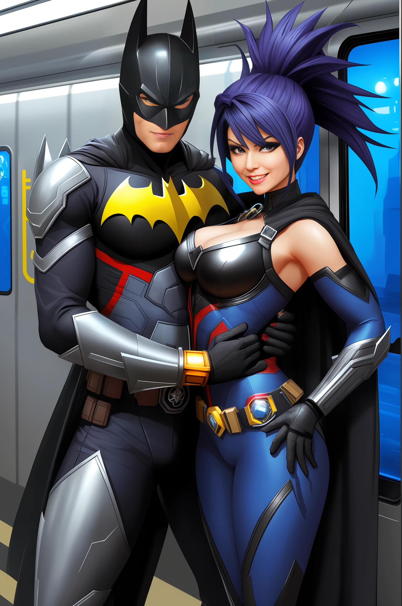 Image of a woman/Batman/Kamen Rider/Mega Man-x/Spider-Man, on a futuristic subway train, has blue mohawk hair, has a man behind him hugging her and holding her big tits1, she's looking at the viewer/smiling/holding futuristic weapons. Image with Max quality/resolution/sharpness/detail, Unreal Engine 5/Mortal Kombat, Cartoon/Anime style,