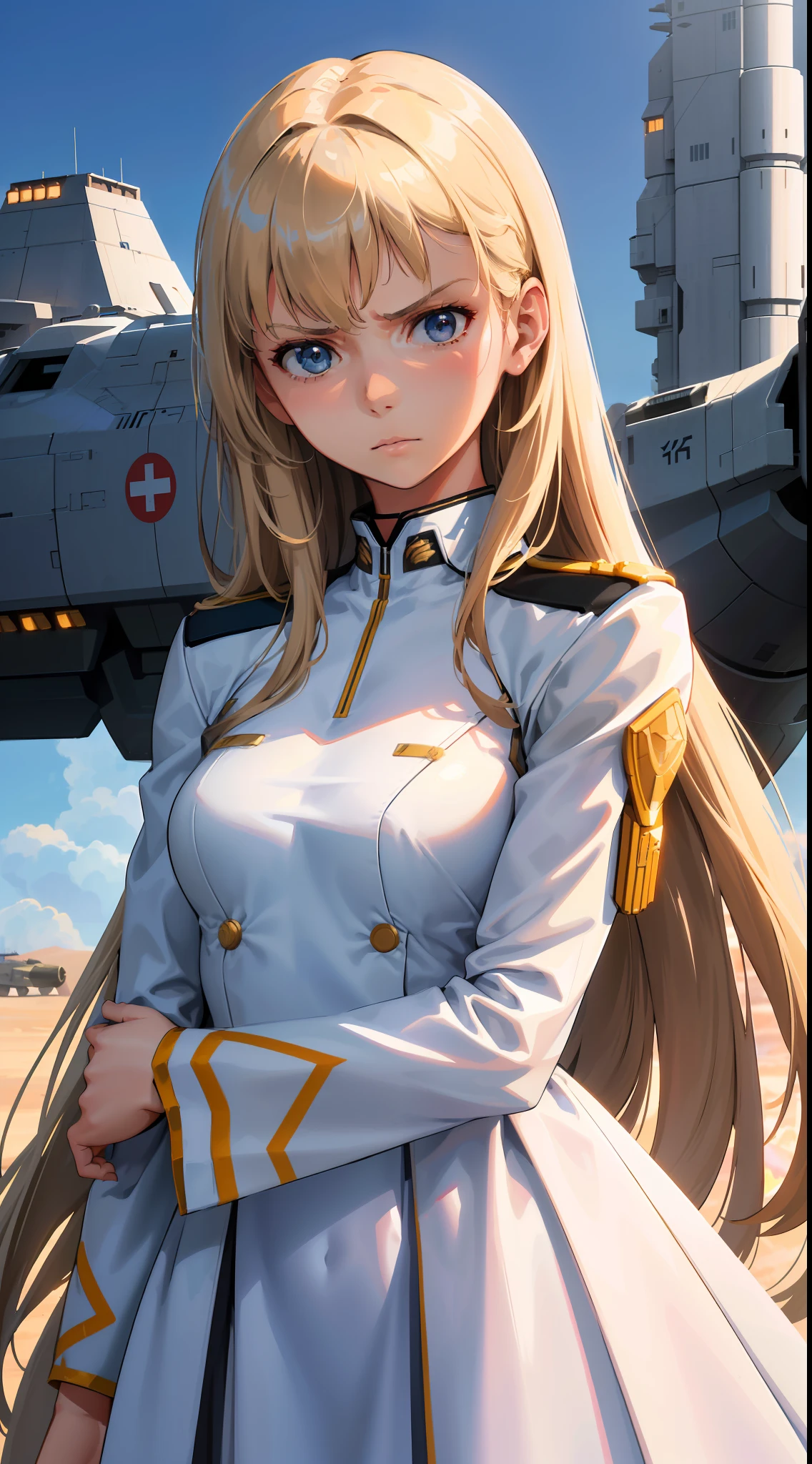 Foundation Poster Reference: 1.8 ,Realistic,Polite Dress,English,(Sci-Fi Action War Movie Poster),Sky Background,(,Realistic,White Dress,Air Force General Uniform,(Realistic Face Resolution),Cinematic Poses,Adult,Skinny,Small,1 Woman with Dark Blonde Long Hair,Serious Face,Science Fiction,Sci-Fi,Different Characters