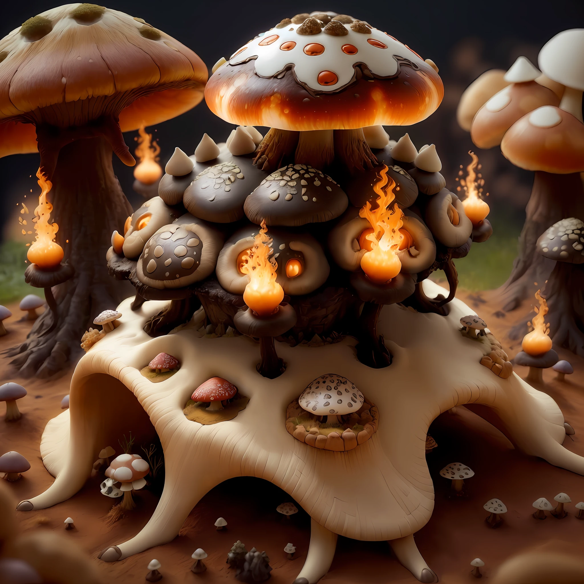 there is a mushroom house made of clay with a lot of mushrooms, mushroom structures, mushroom fractals, mushroom city, rolands zilvinskis 3d render art, stuning fantasy 3 d render, fantasy 3 d render, 3 d render stylized, stylized 3d render, mushroom house, mushrooms style and macro style, mushroom houses, fractal fungus