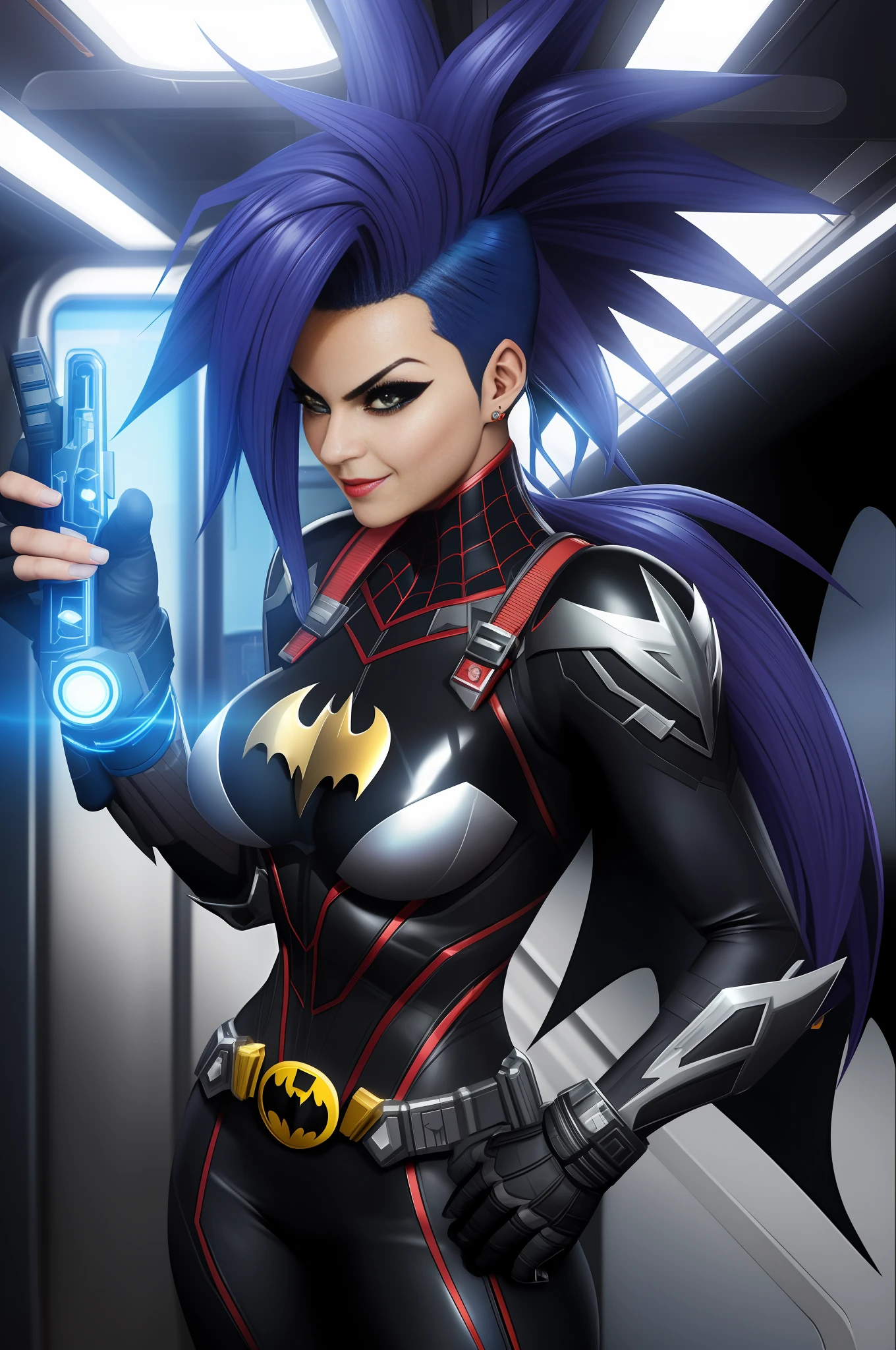 Image of a woman/Batman/Kamen Rider/Mega Man-x/Spider-Man, on a futuristic subway train, has blue mohawk hair, she's looking at the viewer/smiling/holding futuristic weapons. Image with Max quality/resolution/sharpness/detail, Unreal Engine 5/Mortal Kombat, Cartoon/Anime style,