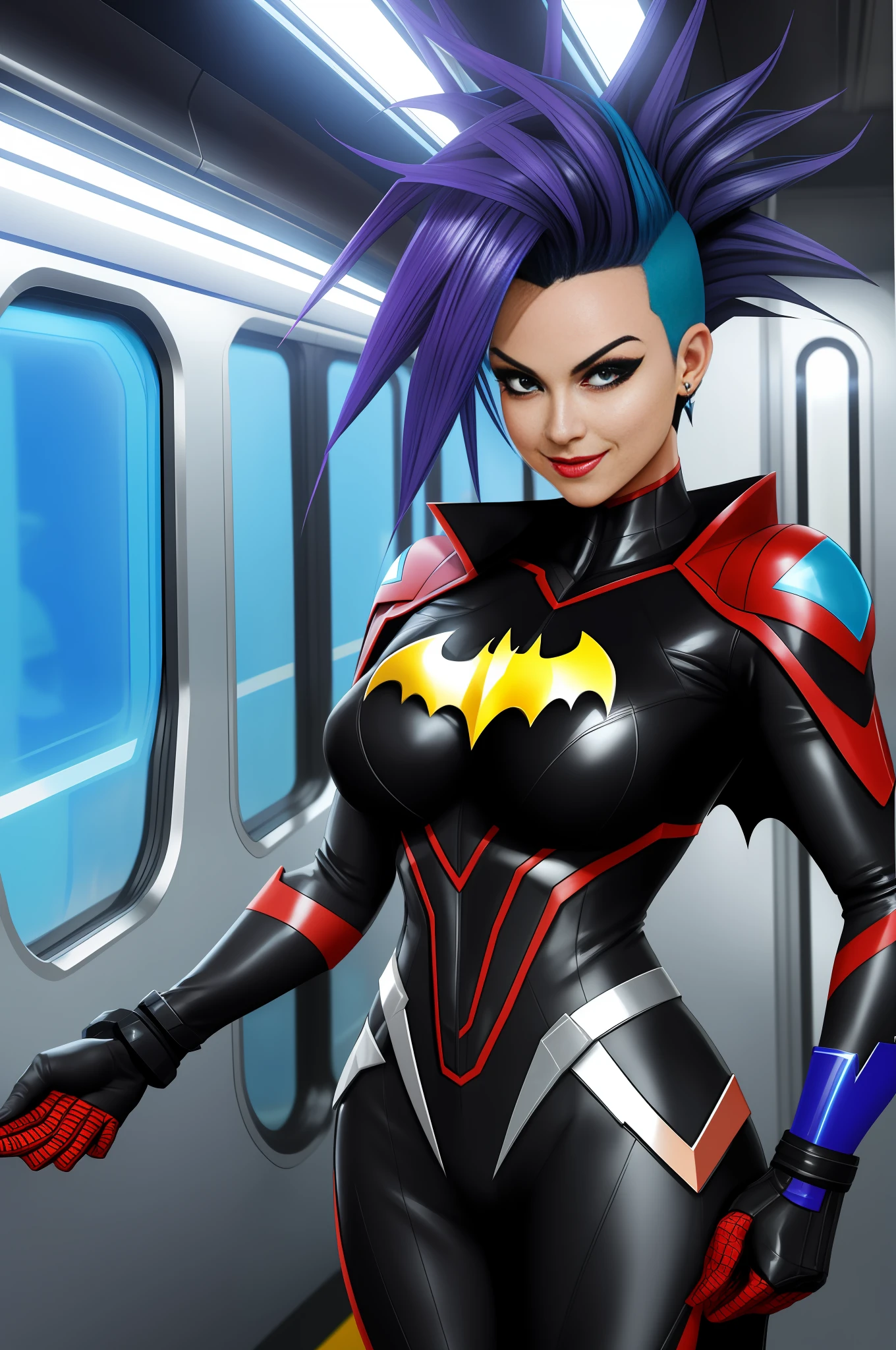 Image of a woman/Batman/Kamen Rider/Mega Man-x/Spider-Man, on a futuristic subway train, has blue mohawk hair, she's looking at the viewer/smiling/holding futuristic weapons. Image with Max quality/resolution/sharpness/detail, Unreal Engine 5/Mortal Kombat, Cartoon/Anime style,